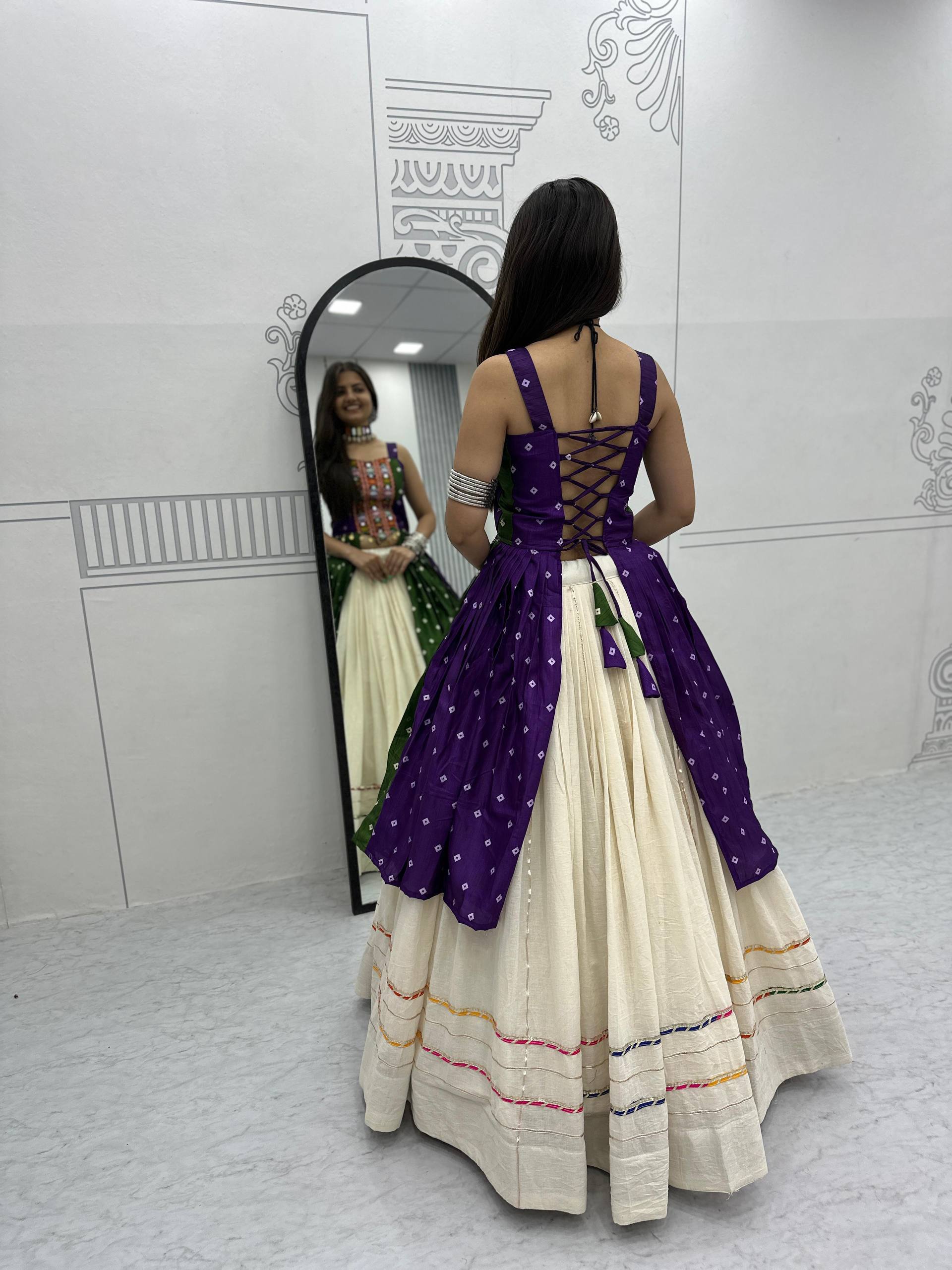 Purple & Bottle Green Bandhej Mirror Work Choli with Ivory Khadi Cotton Lehenga