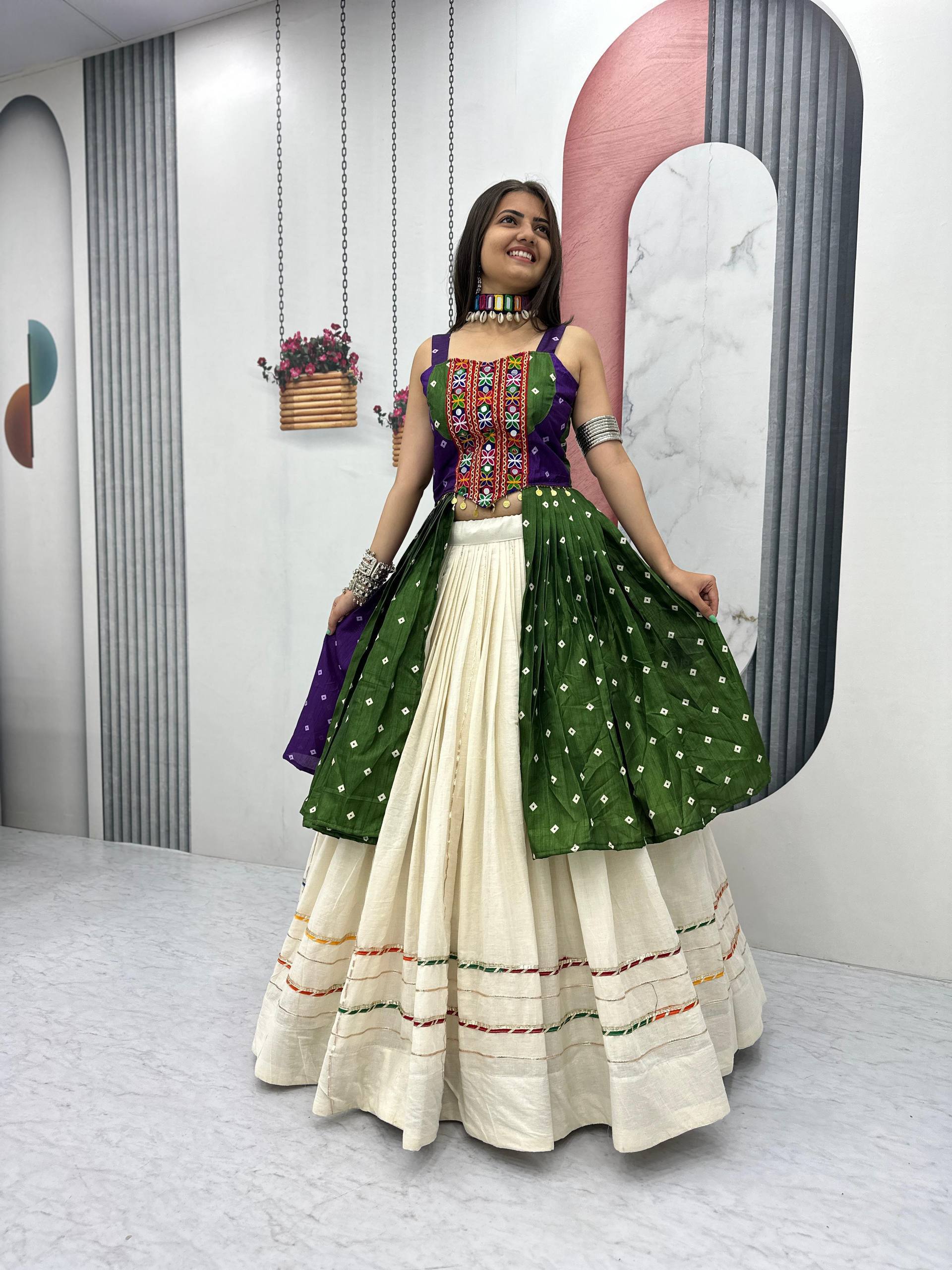 Purple & Bottle Green Bandhej Mirror Work Choli with Ivory Khadi Cotton Lehenga