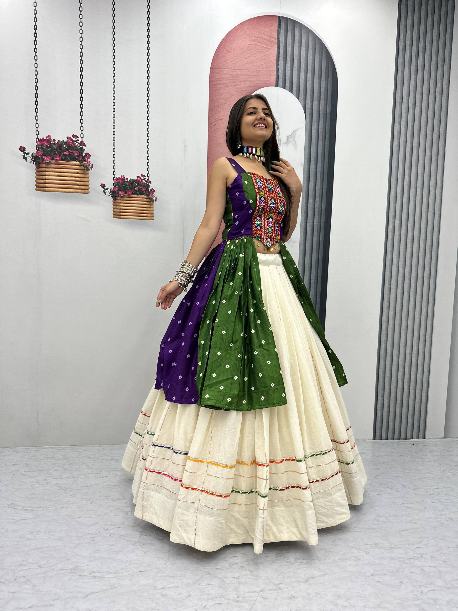 Purple & Bottle Green Bandhej Mirror Work Choli with Ivory Khadi Cotton Lehenga