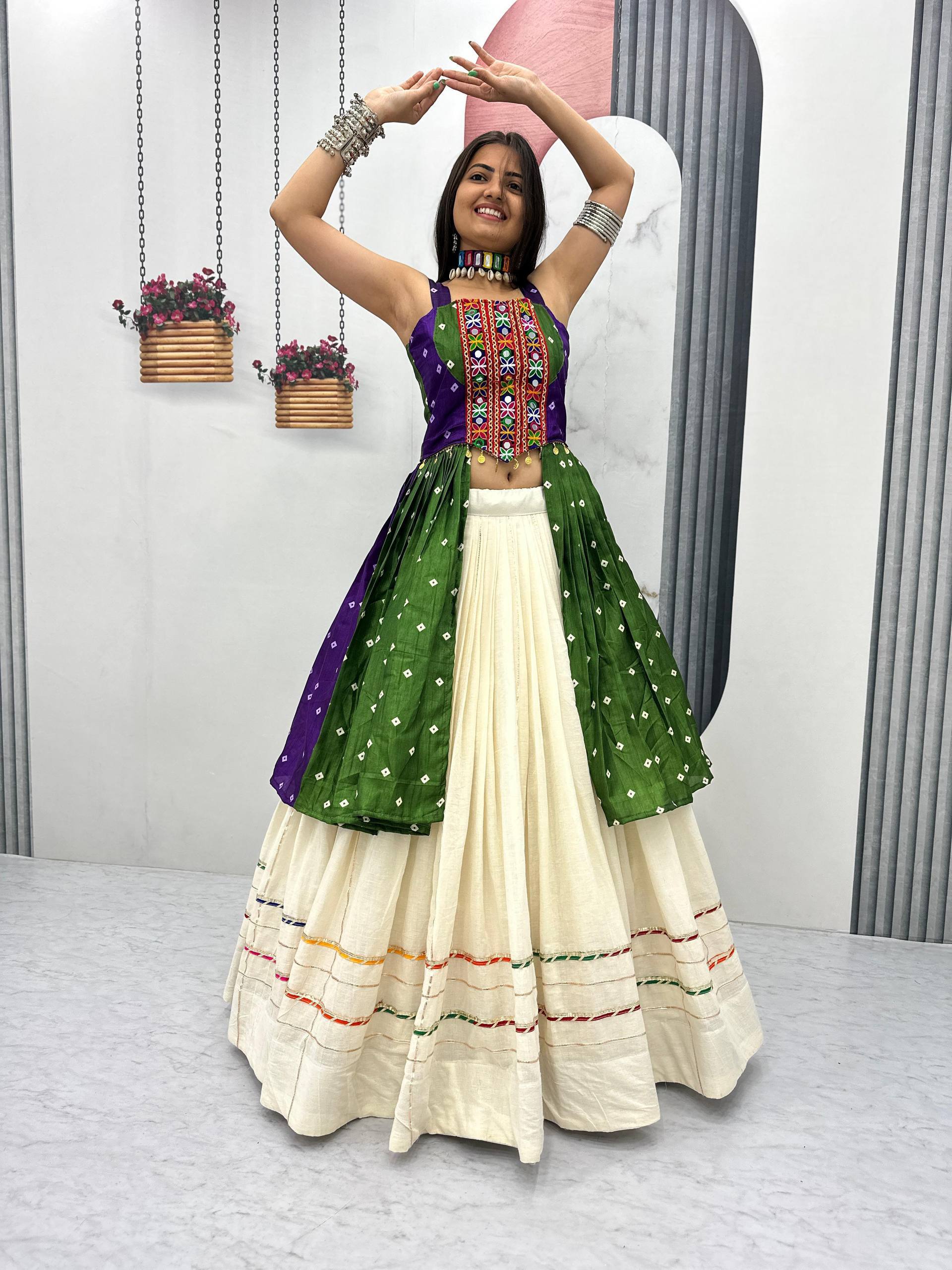 Purple & Bottle Green Bandhej Mirror Work Choli with Ivory Khadi Cotton Lehenga