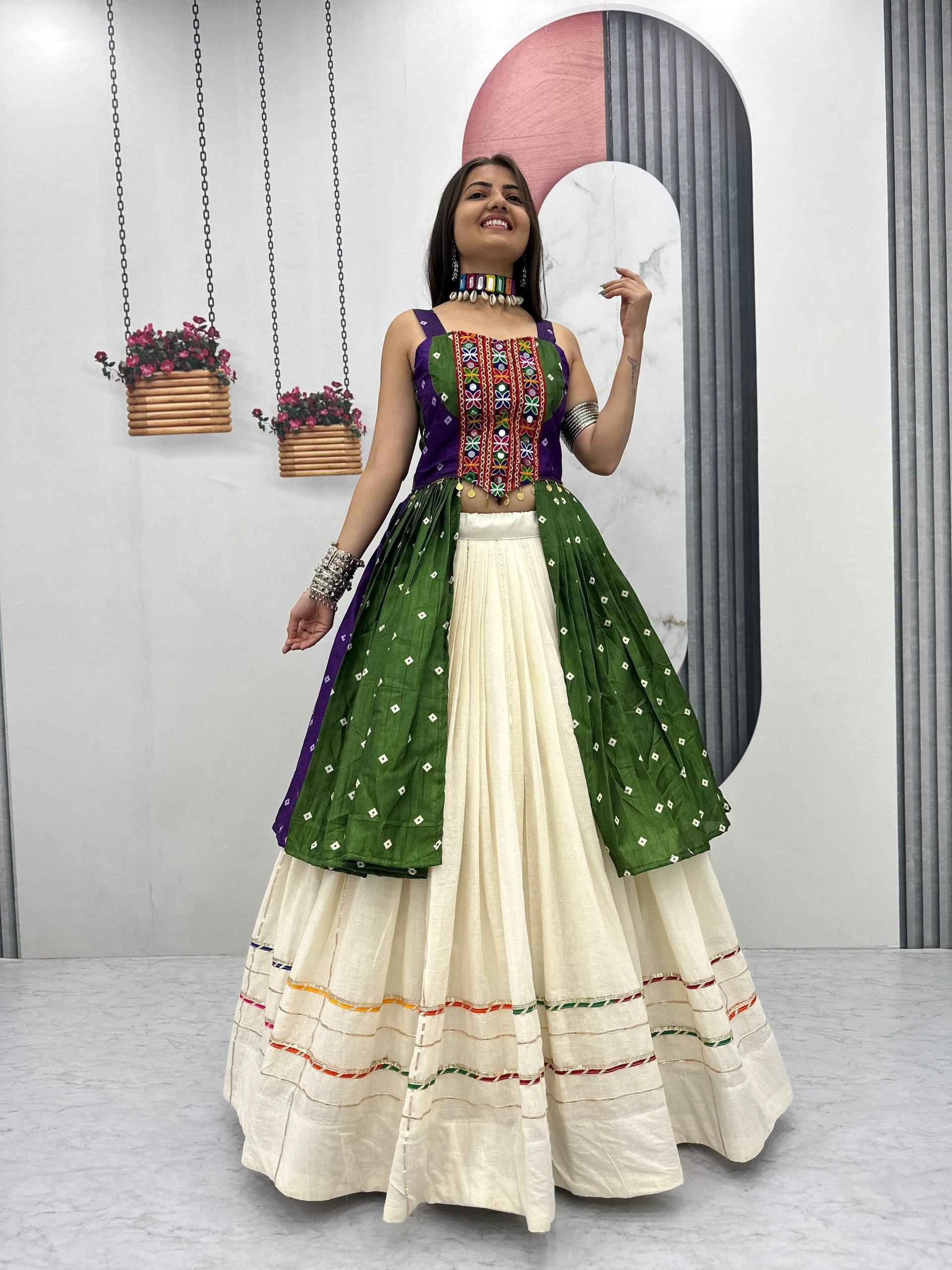 Purple & Bottle Green Bandhej Mirror Work Choli with Ivory Khadi Cotton Lehenga