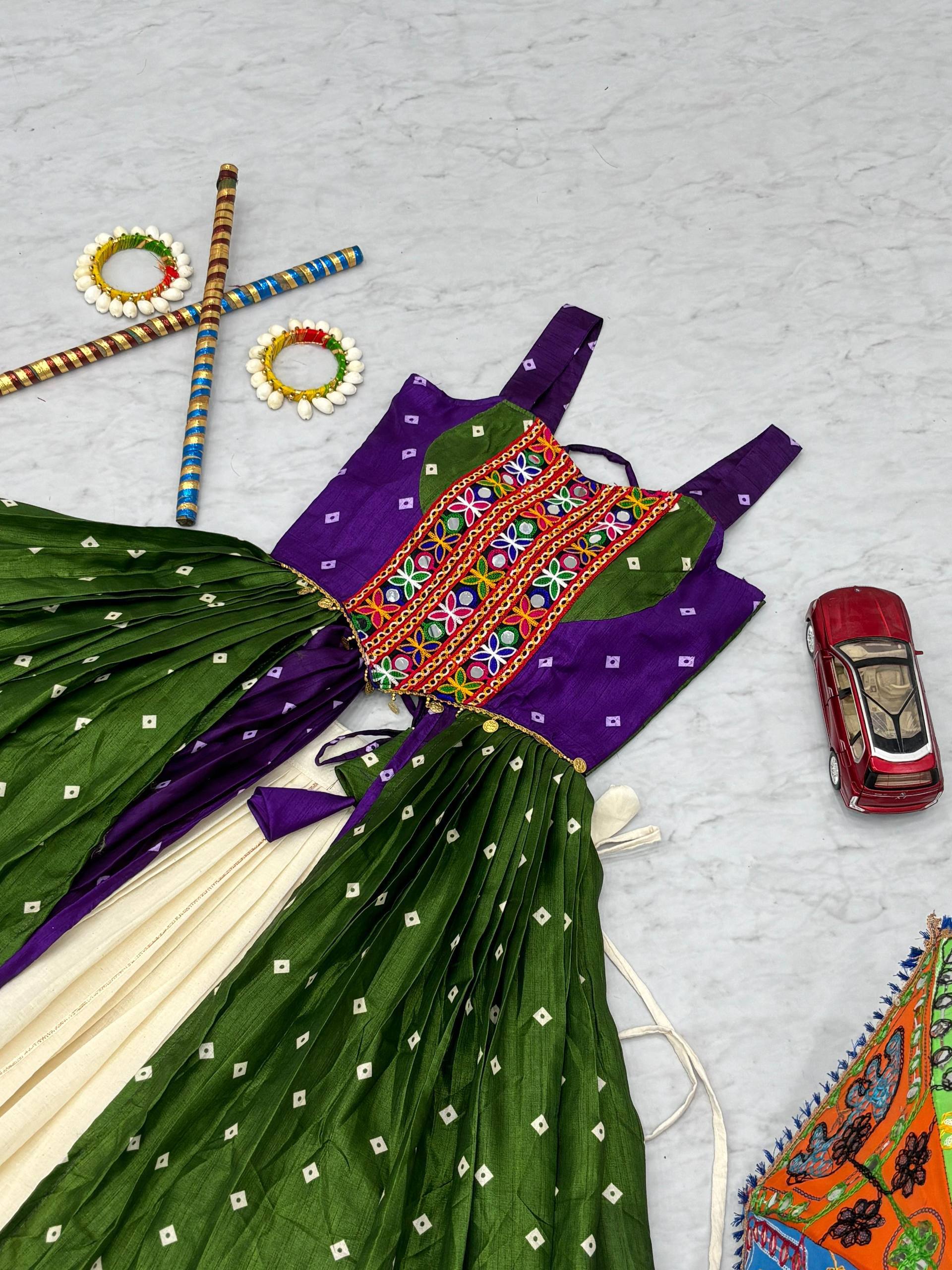 Purple & Bottle Green Bandhej Mirror Work Choli with Ivory Khadi Cotton Lehenga