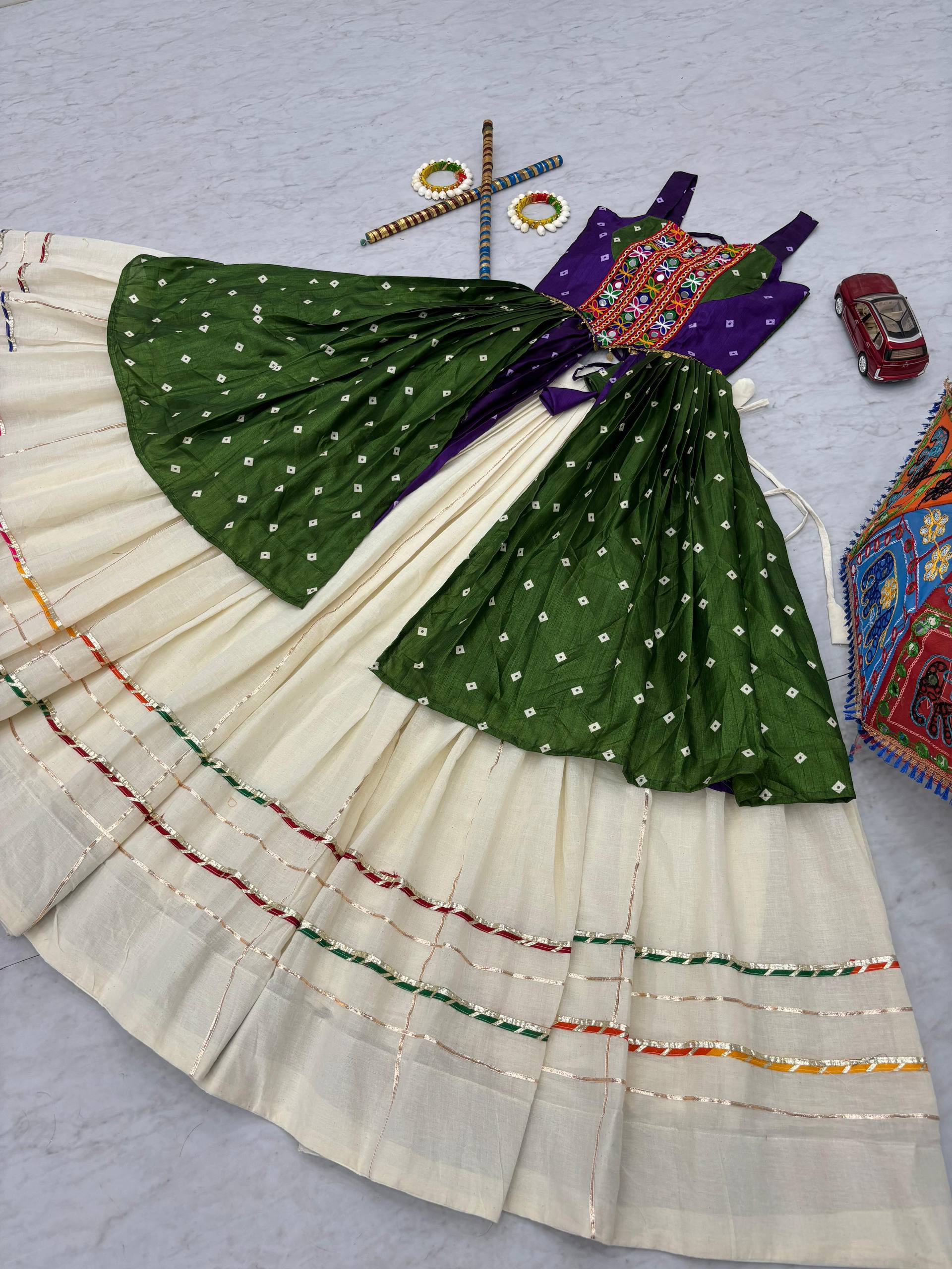 Purple & Bottle Green Bandhej Mirror Work Choli with Ivory Khadi Cotton Lehenga