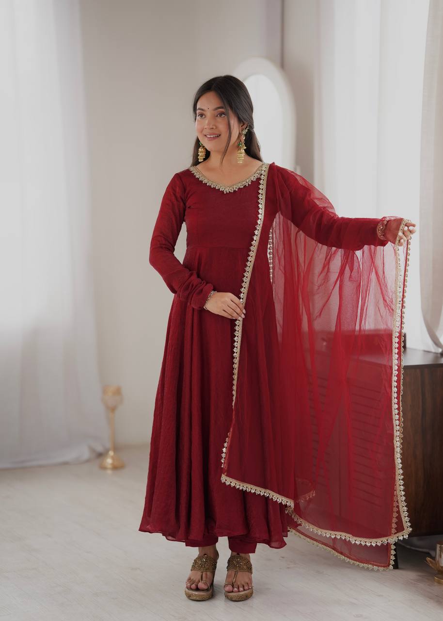 Wine Maroon Doremon Crush Anarkali Gown Set with Butterfly Net Dupatta