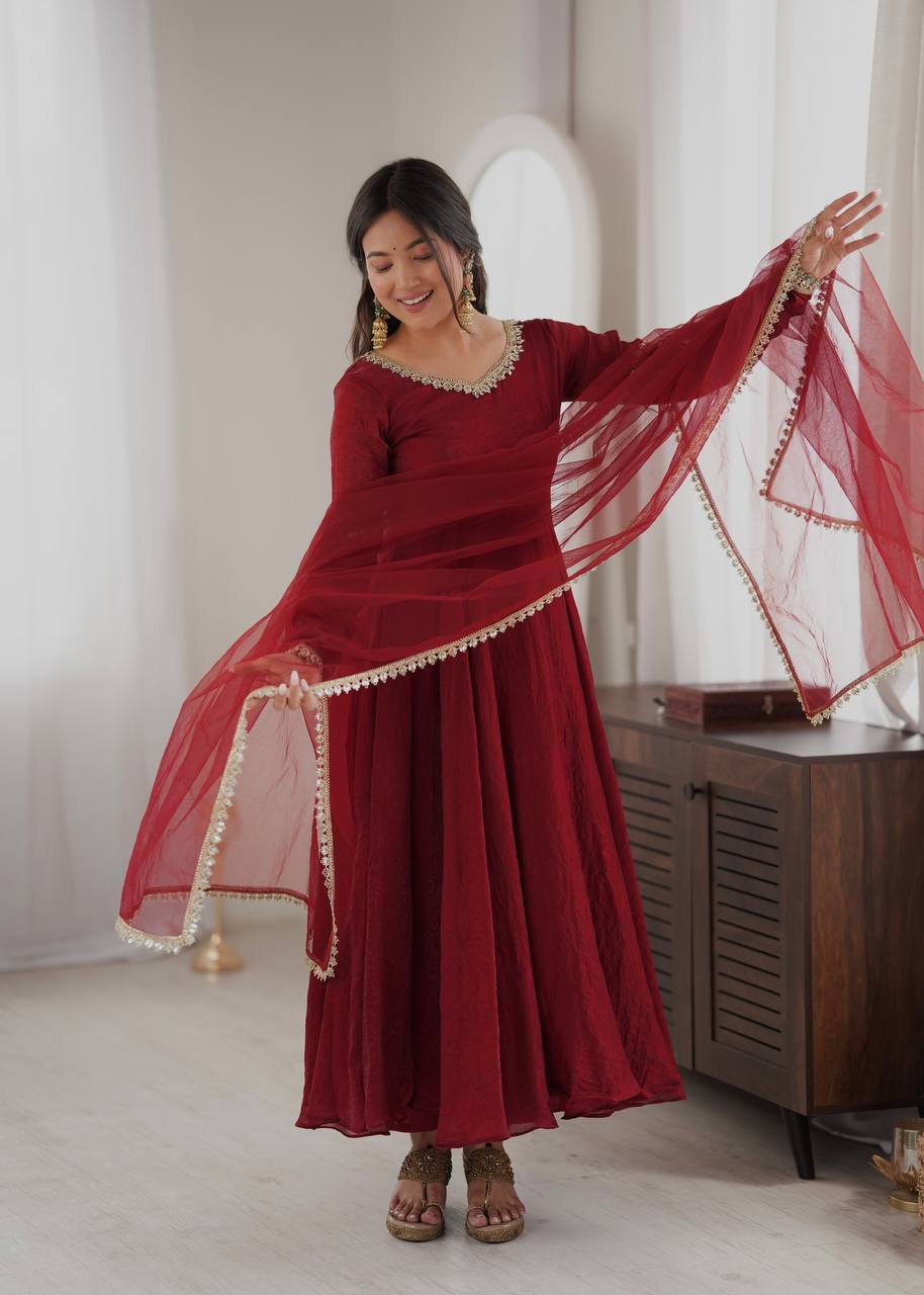Wine Maroon Doremon Crush Anarkali Gown Set with Butterfly Net Dupatta