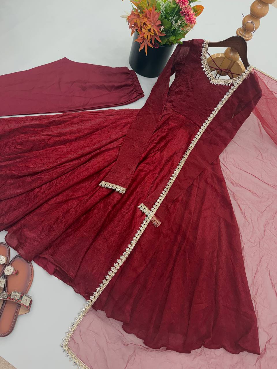 Wine Maroon Doremon Crush Anarkali Gown Set with Butterfly Net Dupatta