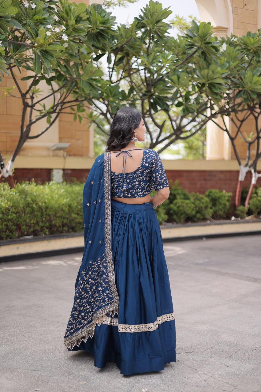 Steel Blue Embroidered Glory Satin Lehenga Choli with Designer Dupatta
