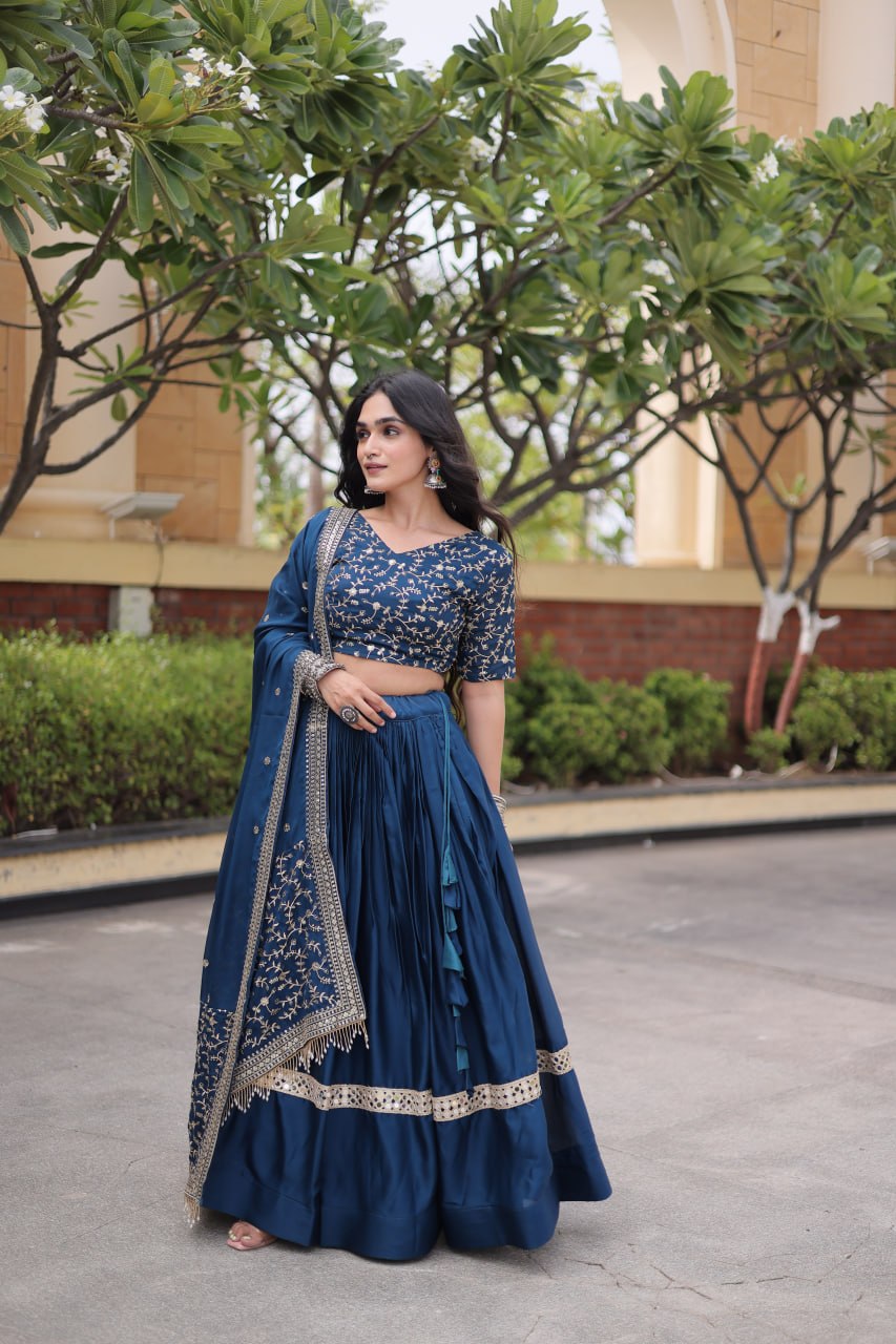 Steel Blue Embroidered Glory Satin Lehenga Choli with Designer Dupatta