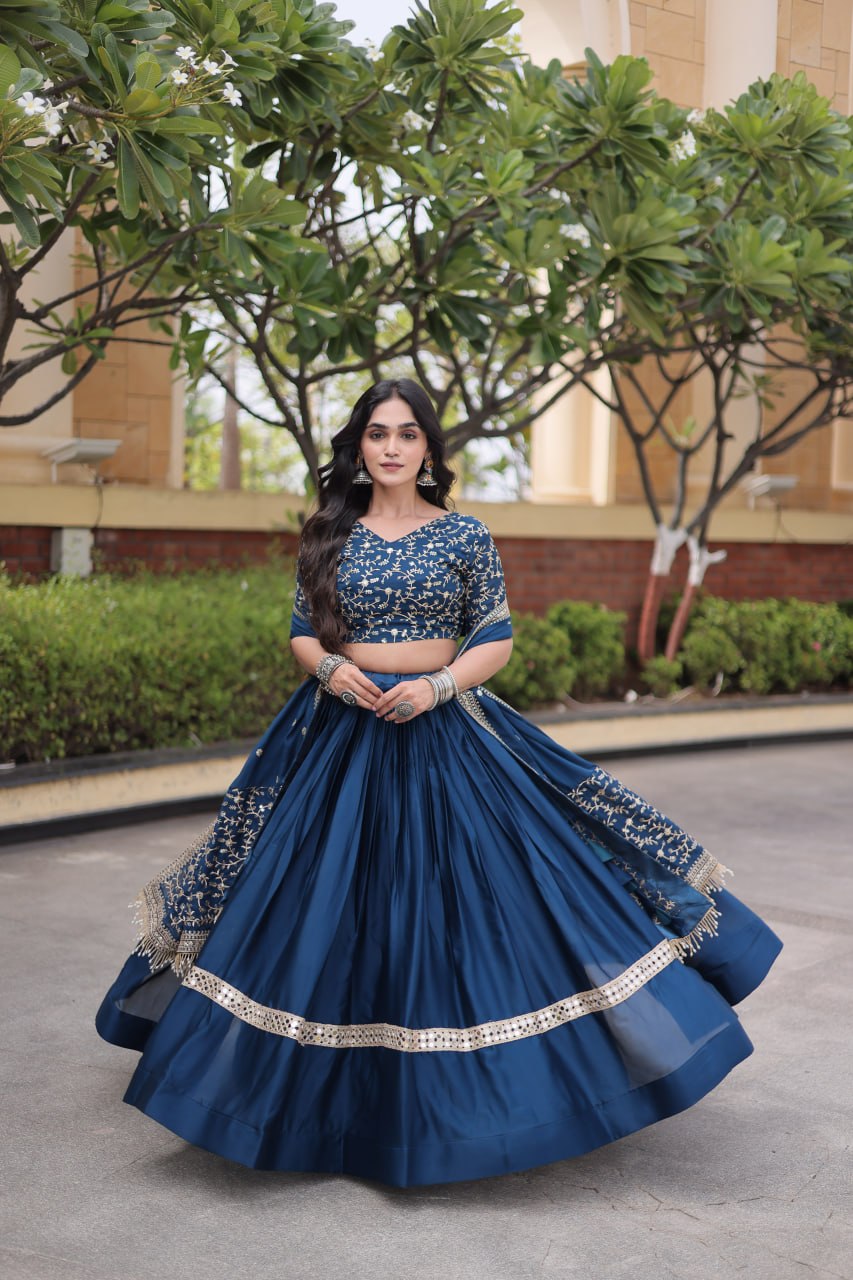 Steel Blue Embroidered Glory Satin Lehenga Choli with Designer Dupatta