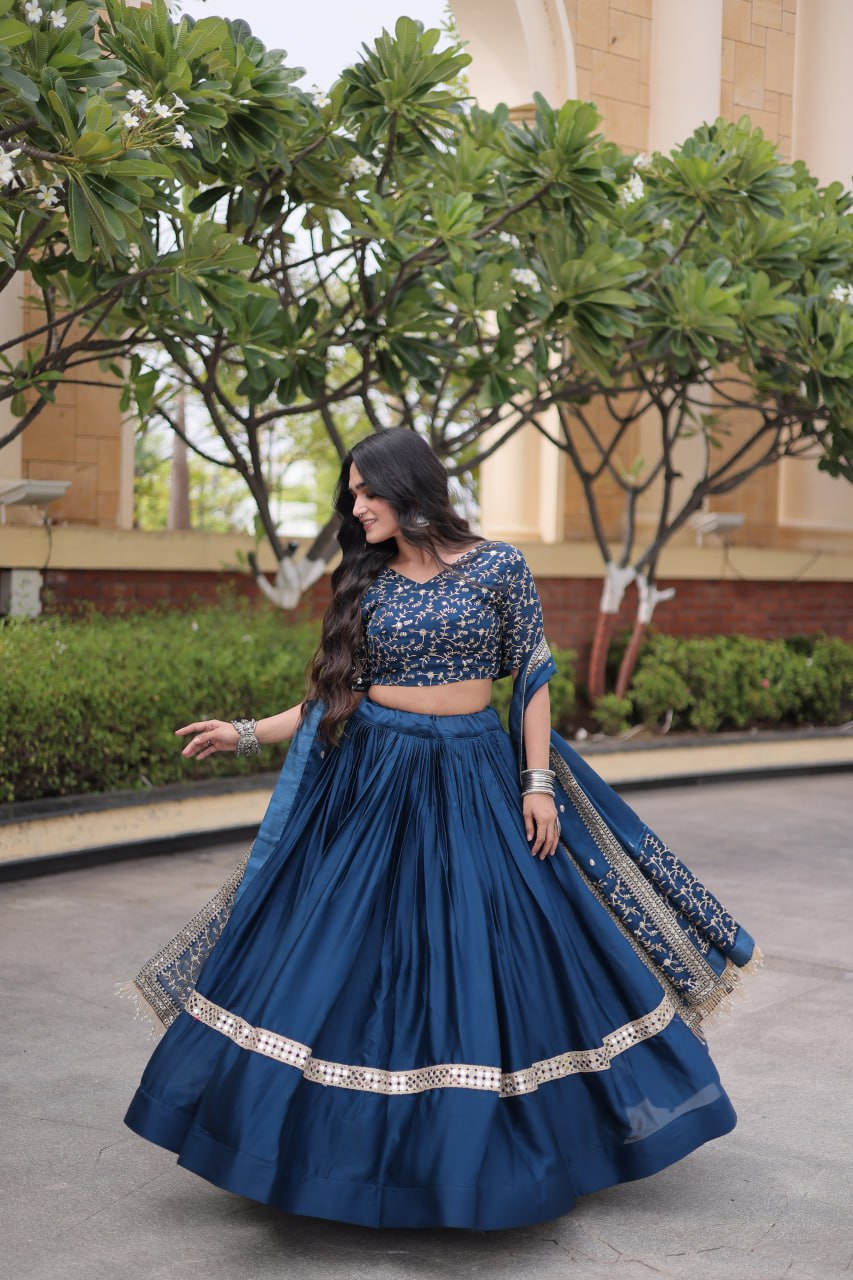 Steel Blue Embroidered Glory Satin Lehenga Choli with Designer Dupatta