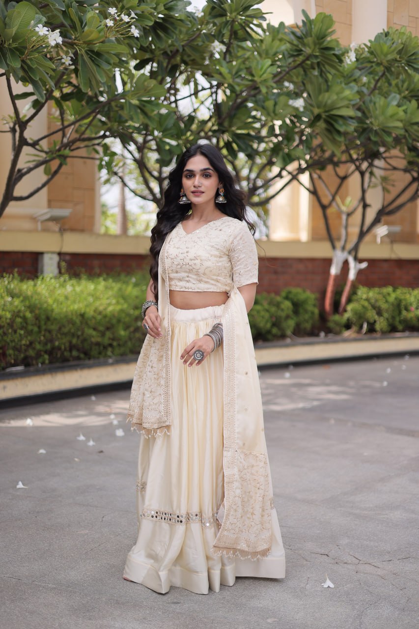 Ivory Embroidered Glory Satin Lehenga Choli with Designer Dupatta