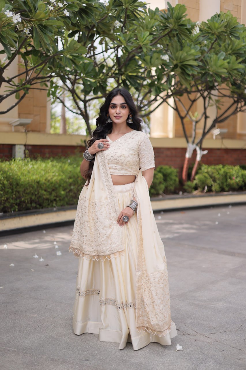 Ivory Embroidered Glory Satin Lehenga Choli with Designer Dupatta