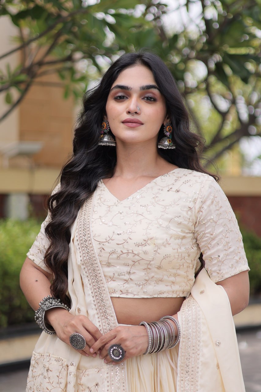 Ivory Embroidered Glory Satin Lehenga Choli with Designer Dupatta