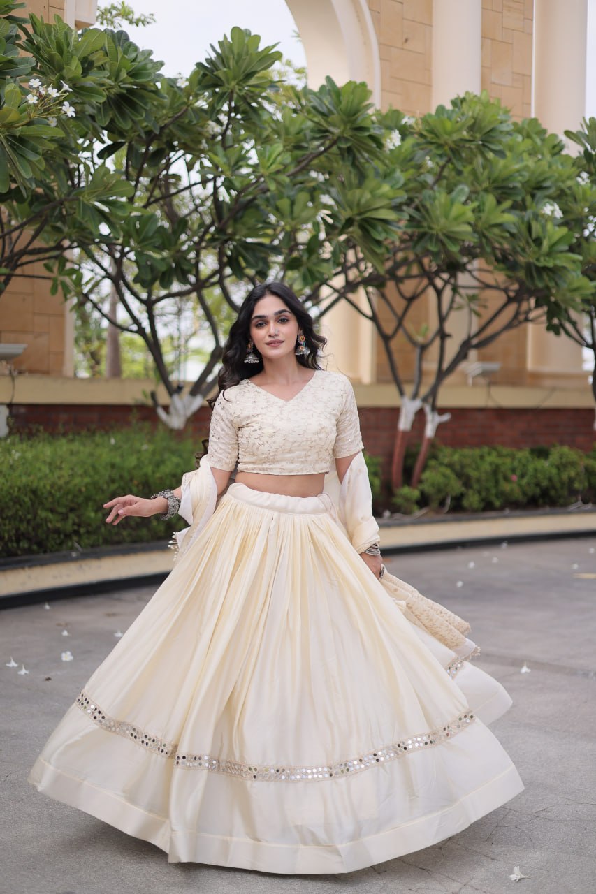 Ivory Embroidered Glory Satin Lehenga Choli with Designer Dupatta