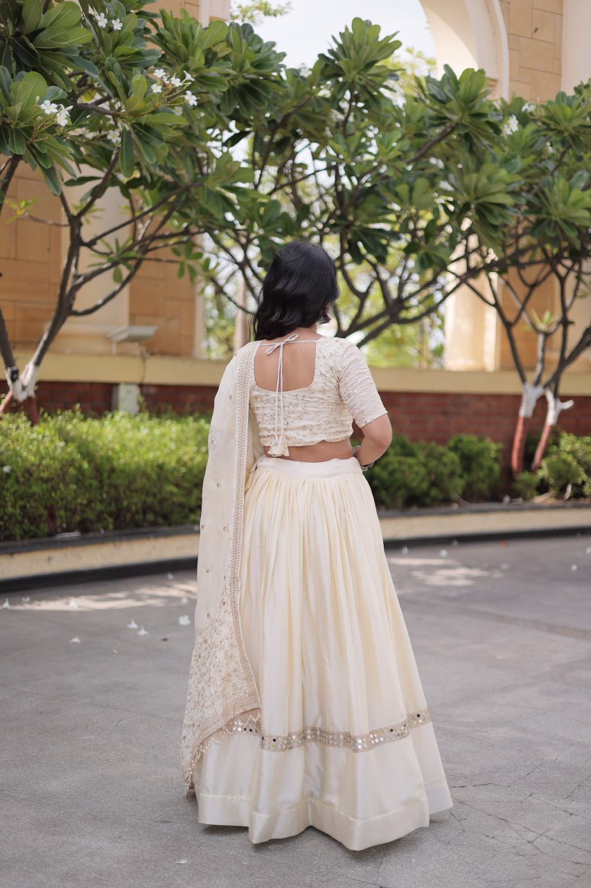 Ivory Embroidered Glory Satin Lehenga Choli with Designer Dupatta