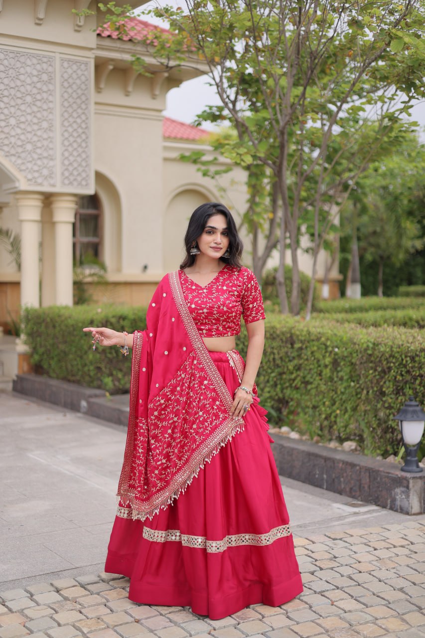Rani Pink Embroidered Glory Satin Lehenga Choli with Designer Dupatta