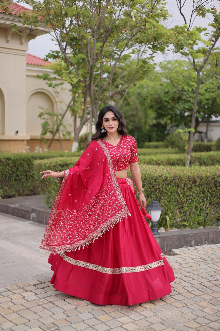 Rani Pink Embroidered Glory Satin Lehenga Choli with Designer Dupatta