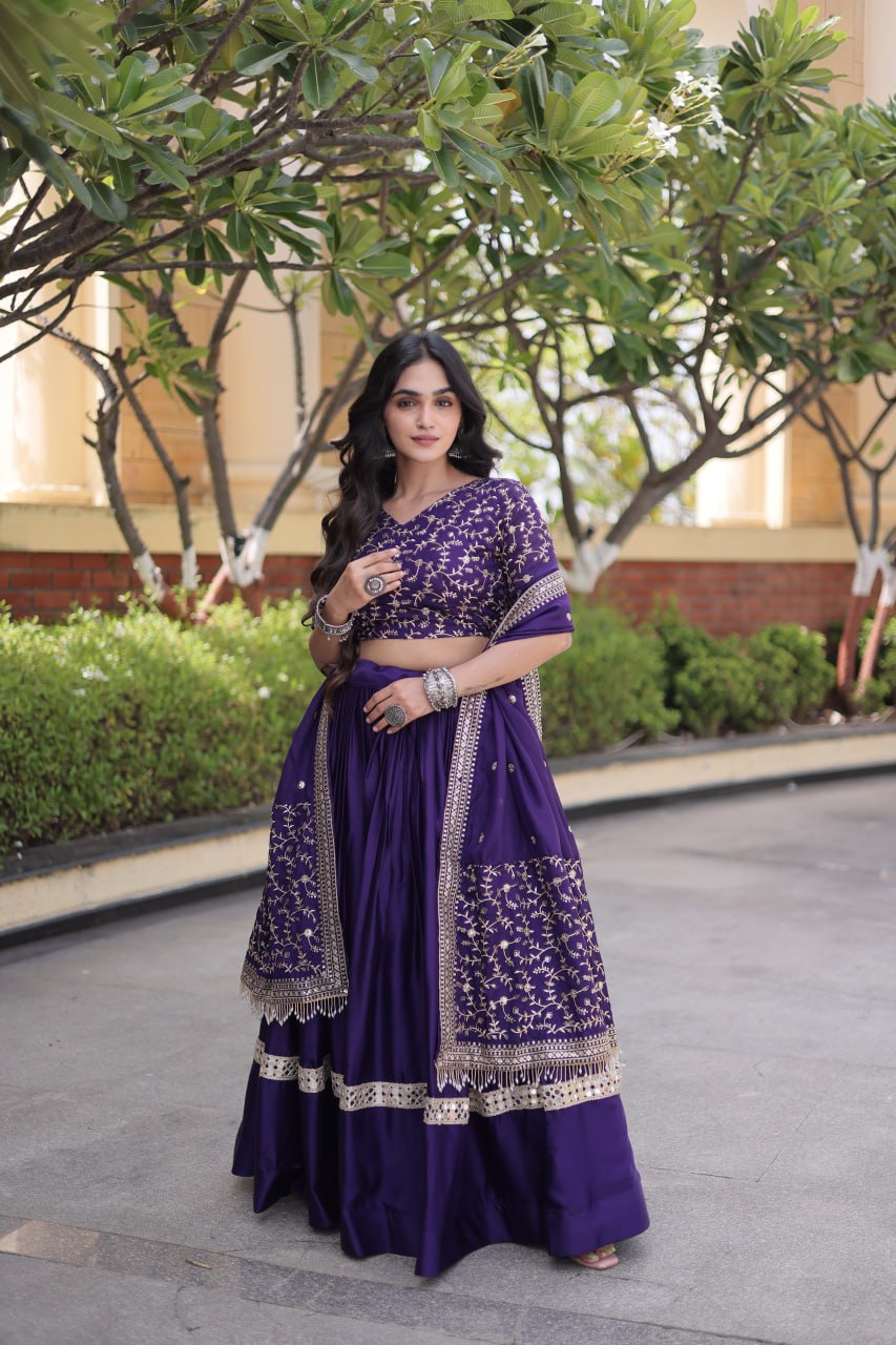 Royal Purple Embroidered Glory Satin Lehenga Choli with Designer Dupatta