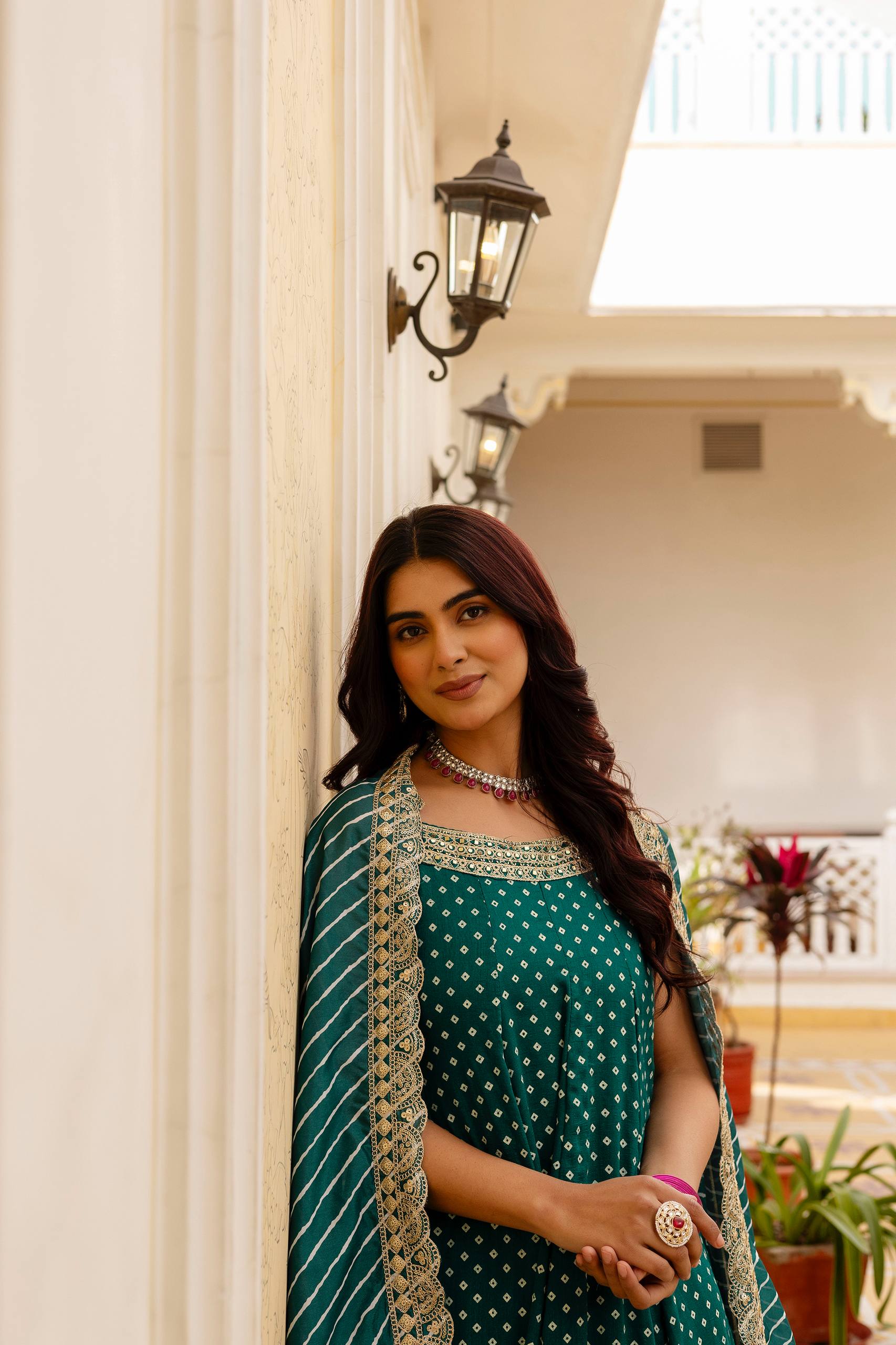 Teal Green Bandhani Vichitra Silk Embroidered Gown Set with Real Mirror Work & Leheriya Dupatta