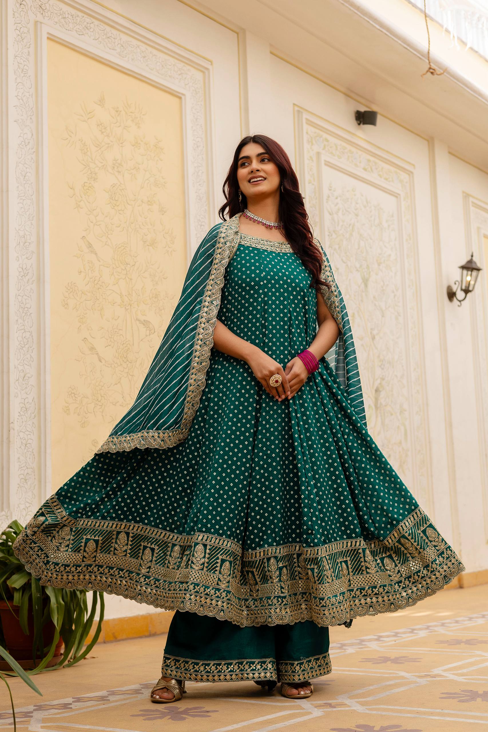 Teal Green Bandhani Vichitra Silk Embroidered Gown Set with Real Mirror Work & Leheriya Dupatta