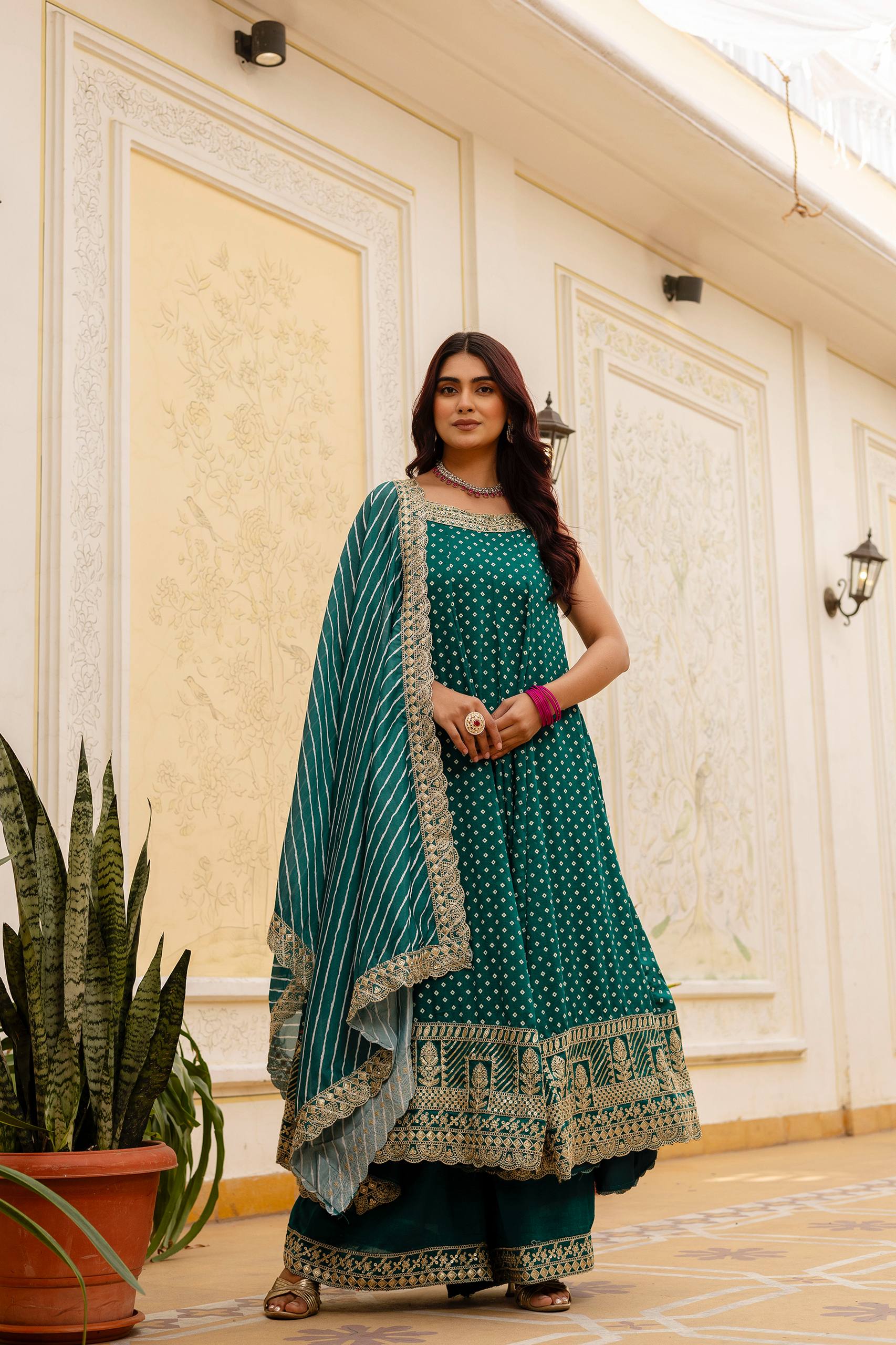 Teal Green Bandhani Vichitra Silk Embroidered Gown Set with Real Mirror Work & Leheriya Dupatta