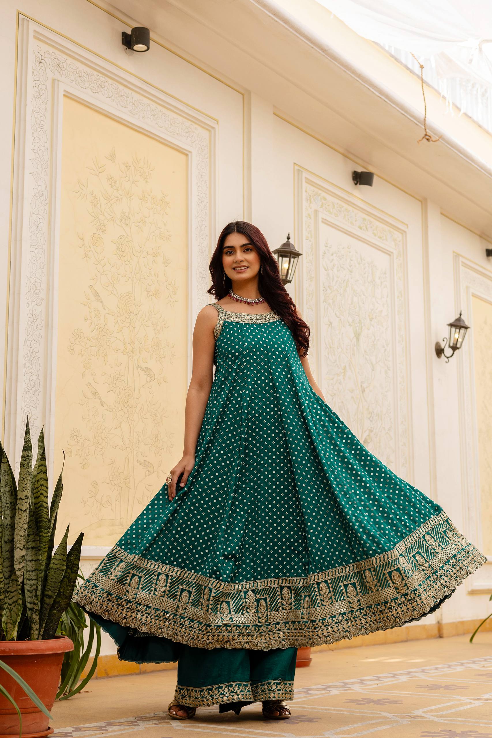Teal Green Bandhani Vichitra Silk Embroidered Gown Set with Real Mirror Work & Leheriya Dupatta