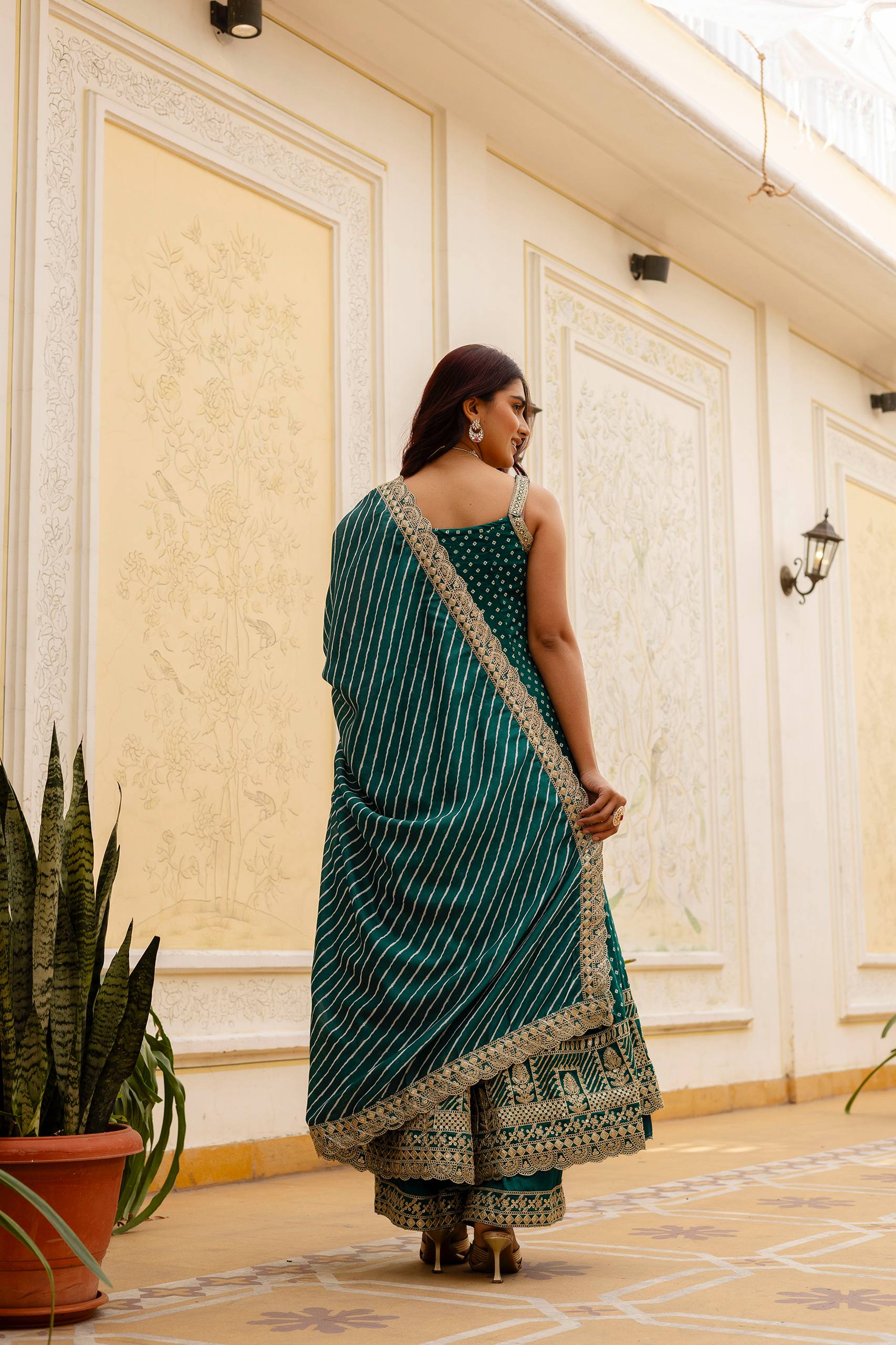 Teal Green Bandhani Vichitra Silk Embroidered Gown Set with Real Mirror Work & Leheriya Dupatta