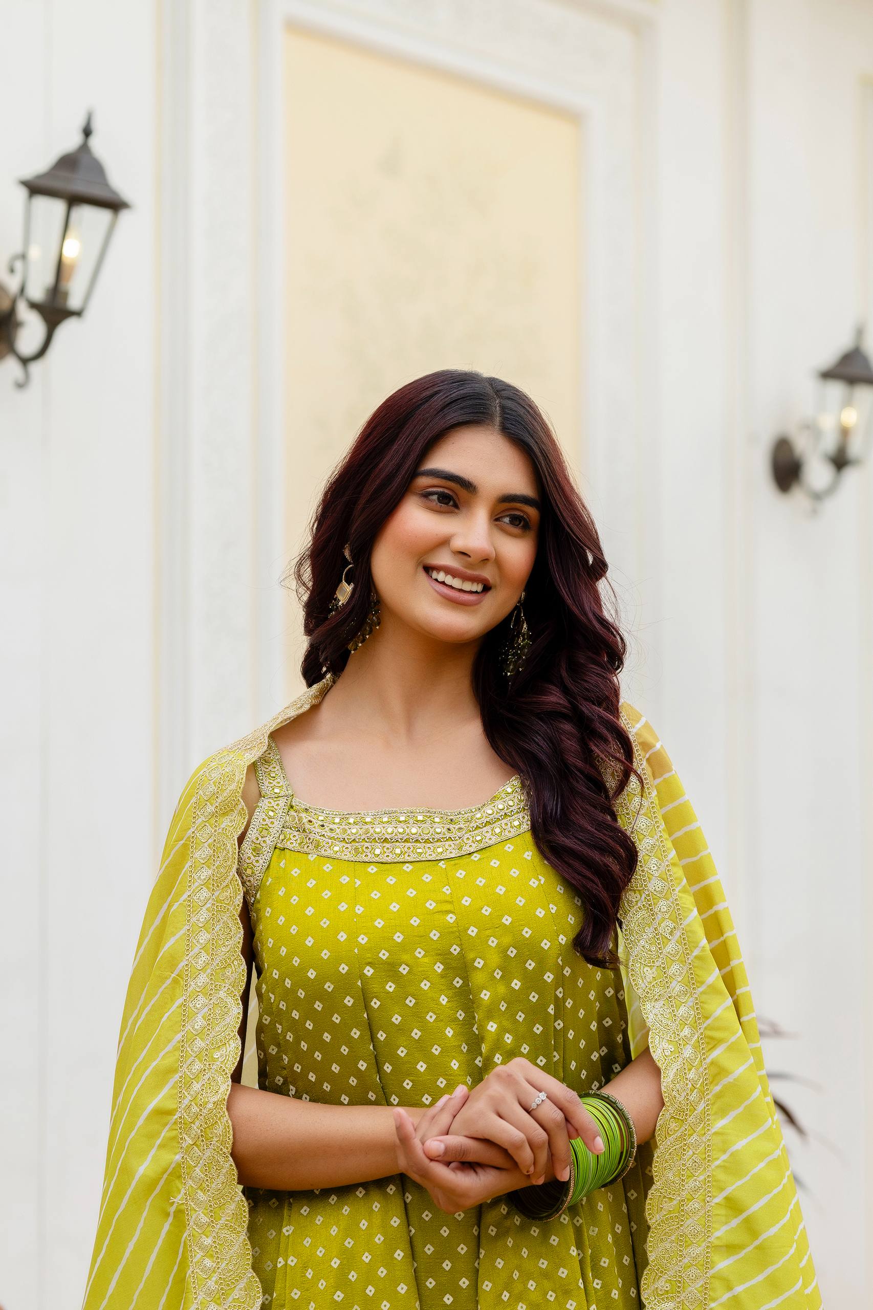 Olive Green Bandhani Vichitra Silk Embroidered Gown Set with Real Mirror Work & Leheriya Dupatta