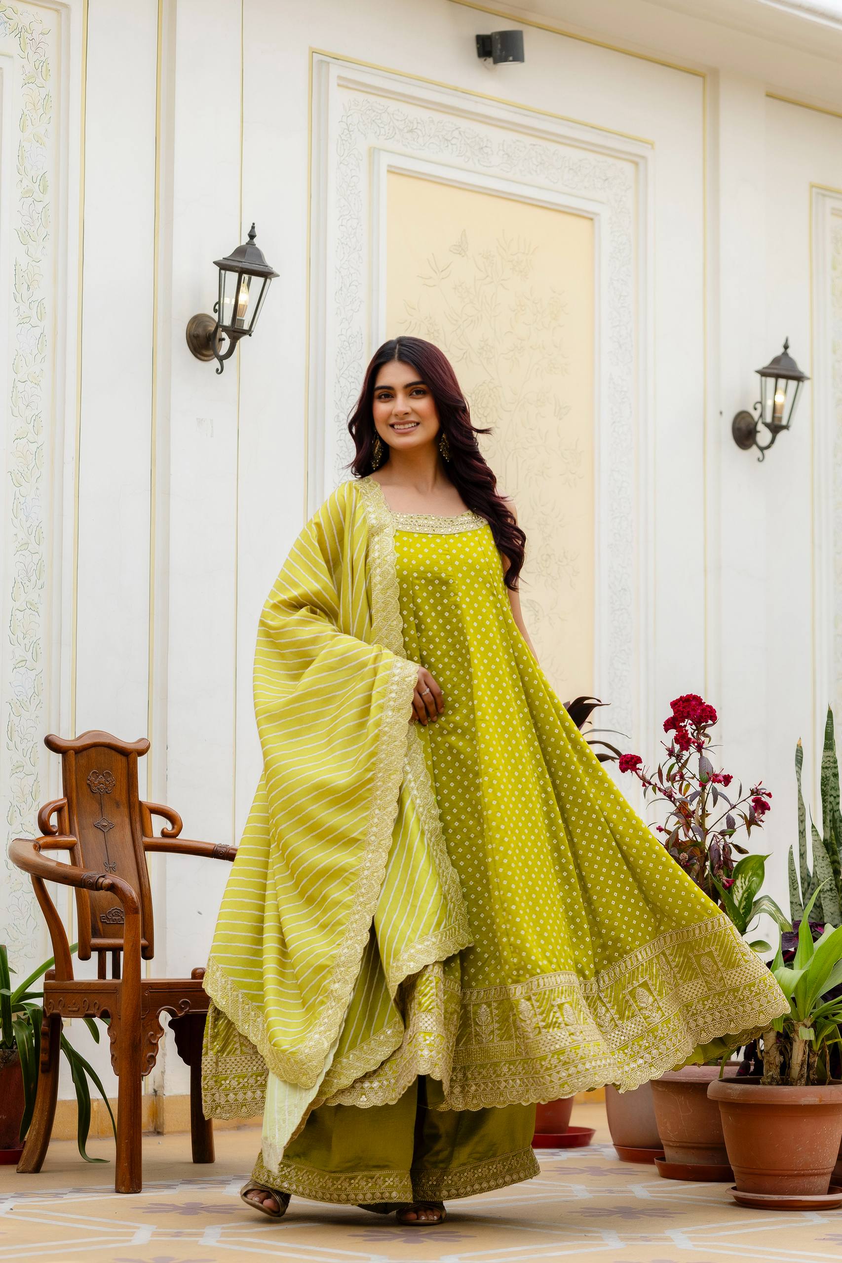 Olive Green Bandhani Vichitra Silk Embroidered Gown Set with Real Mirror Work & Leheriya Dupatta