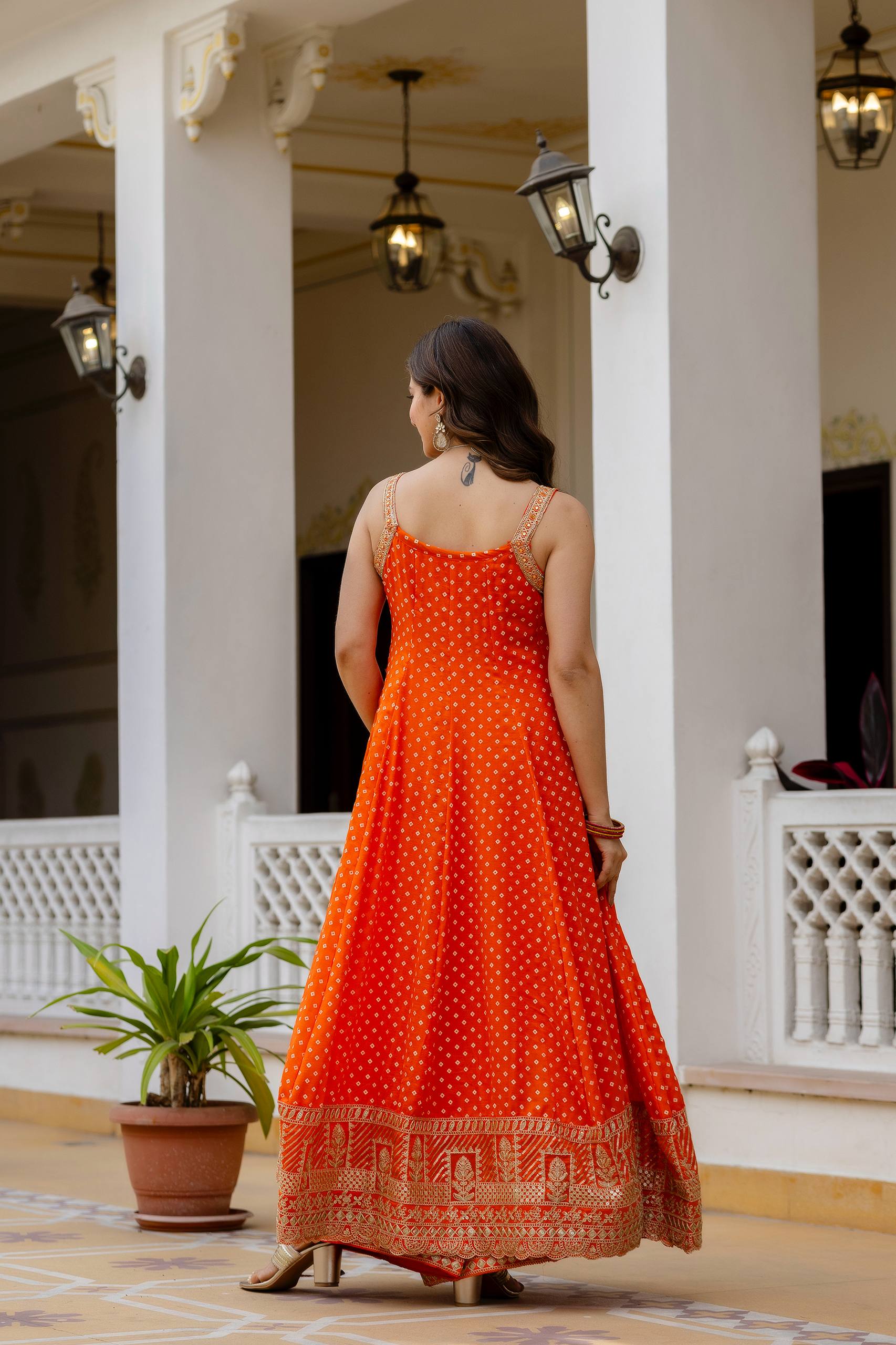 Bright Orange Bandhani Vichitra Silk Embroidered Gown Set with Real Mirror Work & Leheriya Dupatta