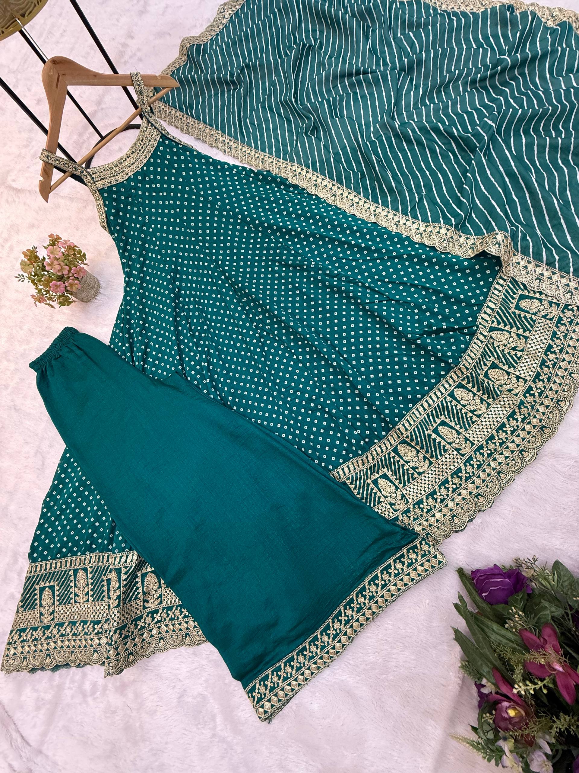 Teal Green Bandhani Vichitra Silk Embroidered Gown Set with Real Mirror Work & Leheriya Dupatta