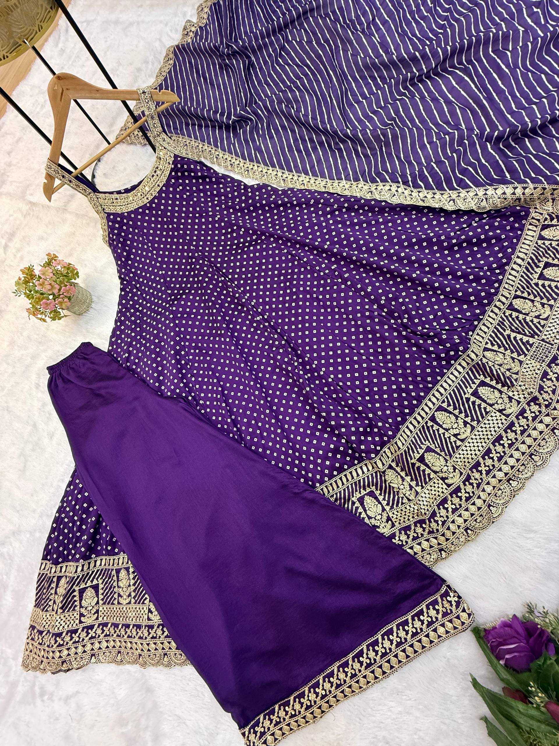 Royal Purple Bandhani Vichitra Silk Embroidered Gown Set with Real Mirror Work & Leheriya Dupatta