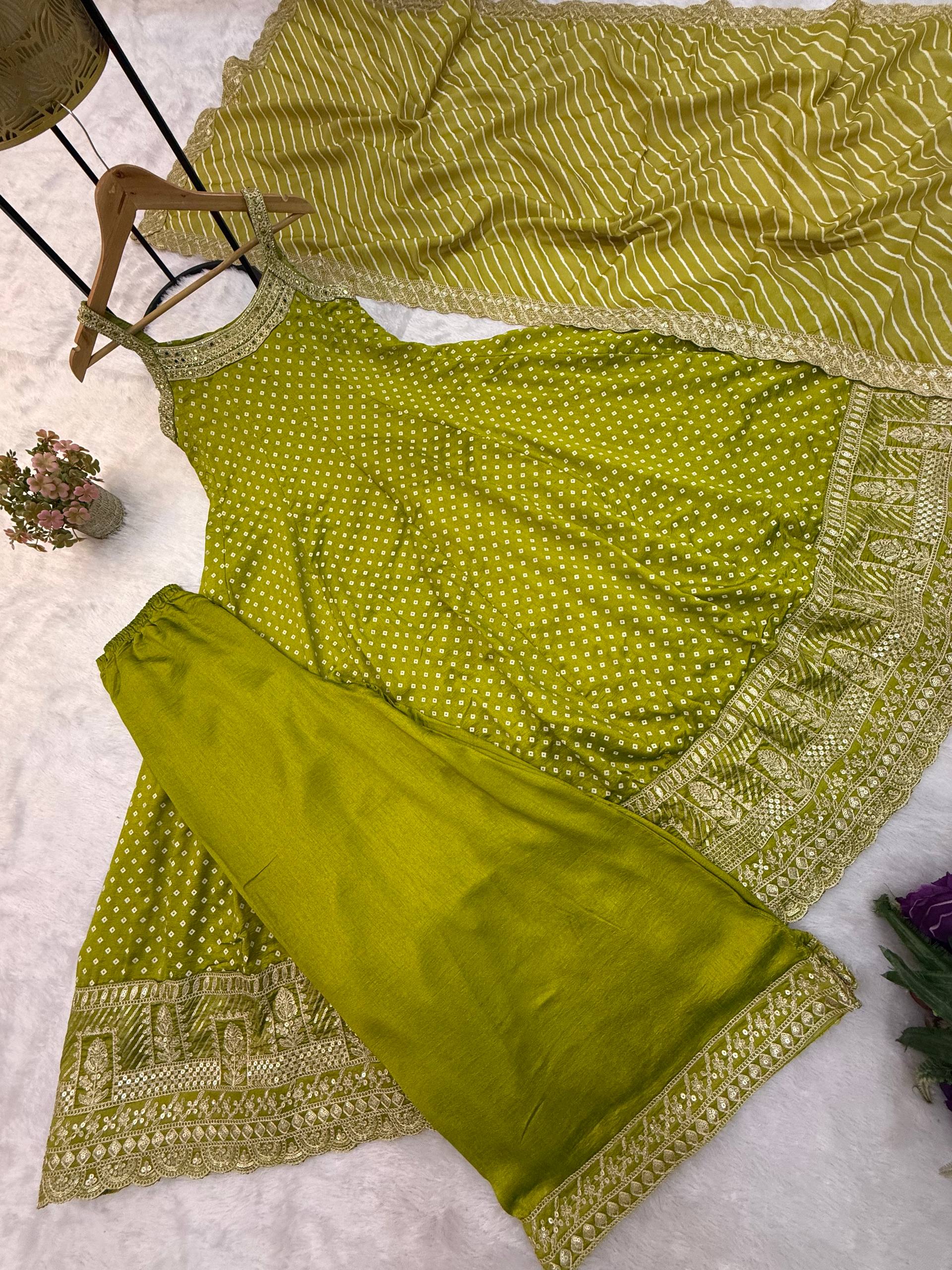 Olive Green Bandhani Vichitra Silk Embroidered Gown Set with Real Mirror Work & Leheriya Dupatta