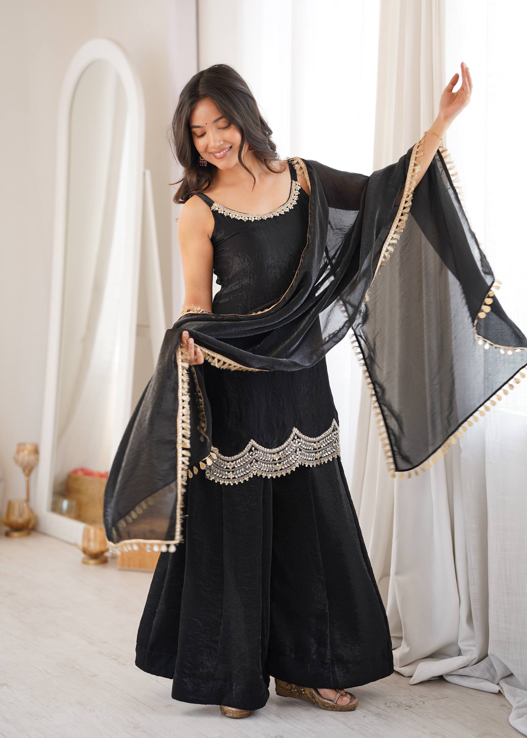 Classic Black Fendy Silk Sharara Suit Set with Mirror Work & Dupatta