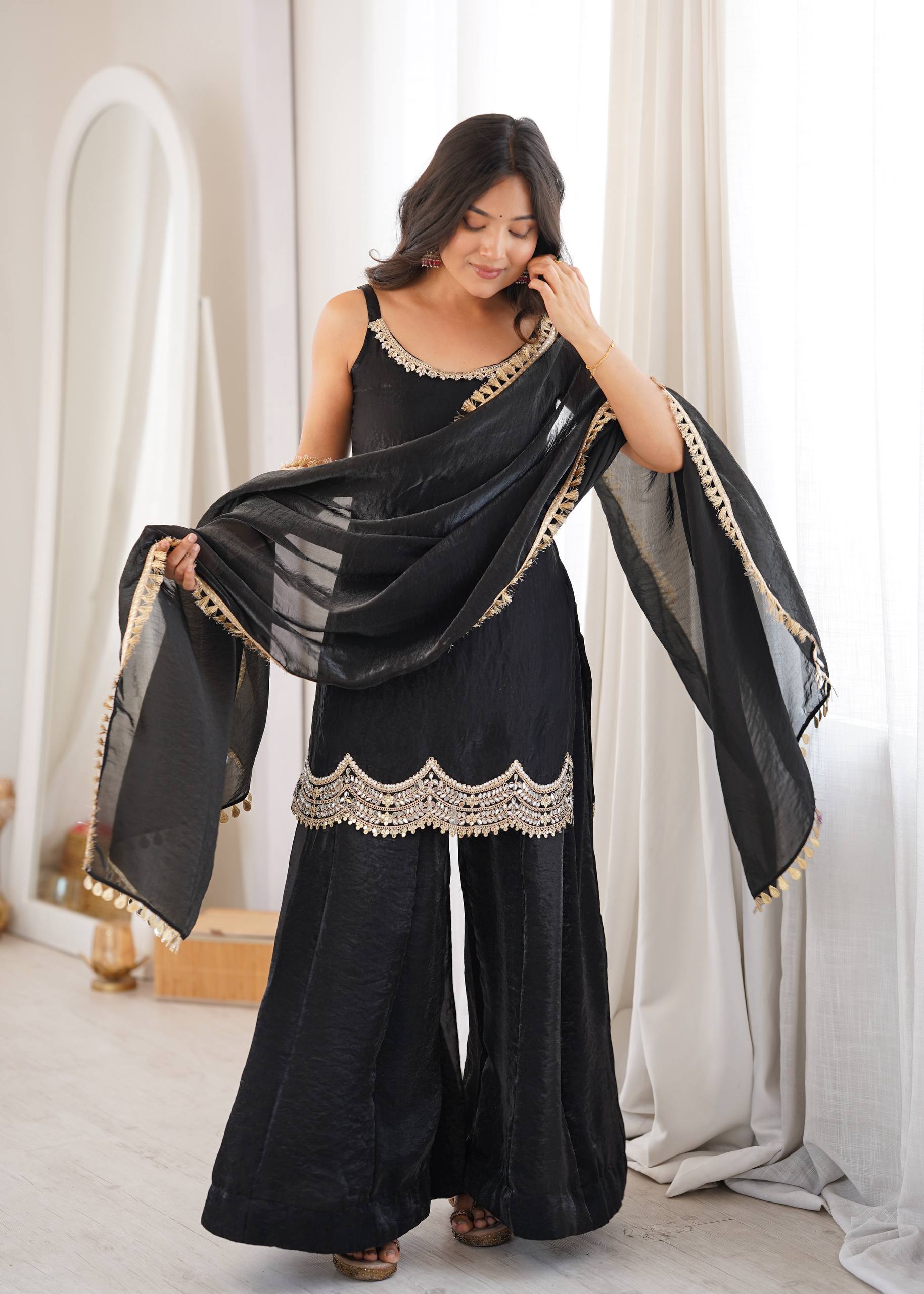 Classic Black Fendy Silk Sharara Suit Set with Mirror Work & Dupatta
