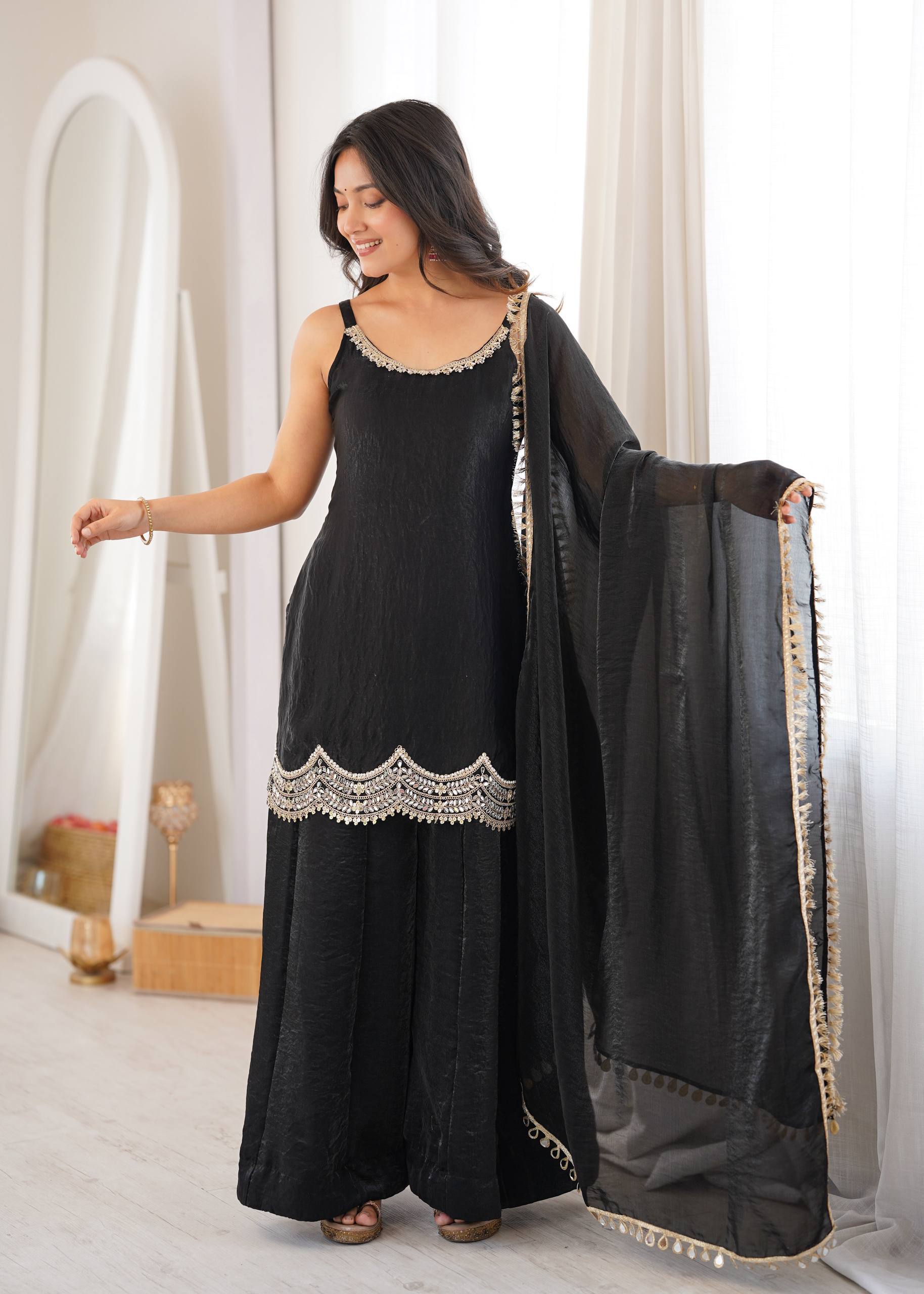 Classic Black Fendy Silk Sharara Suit Set with Mirror Work & Dupatta