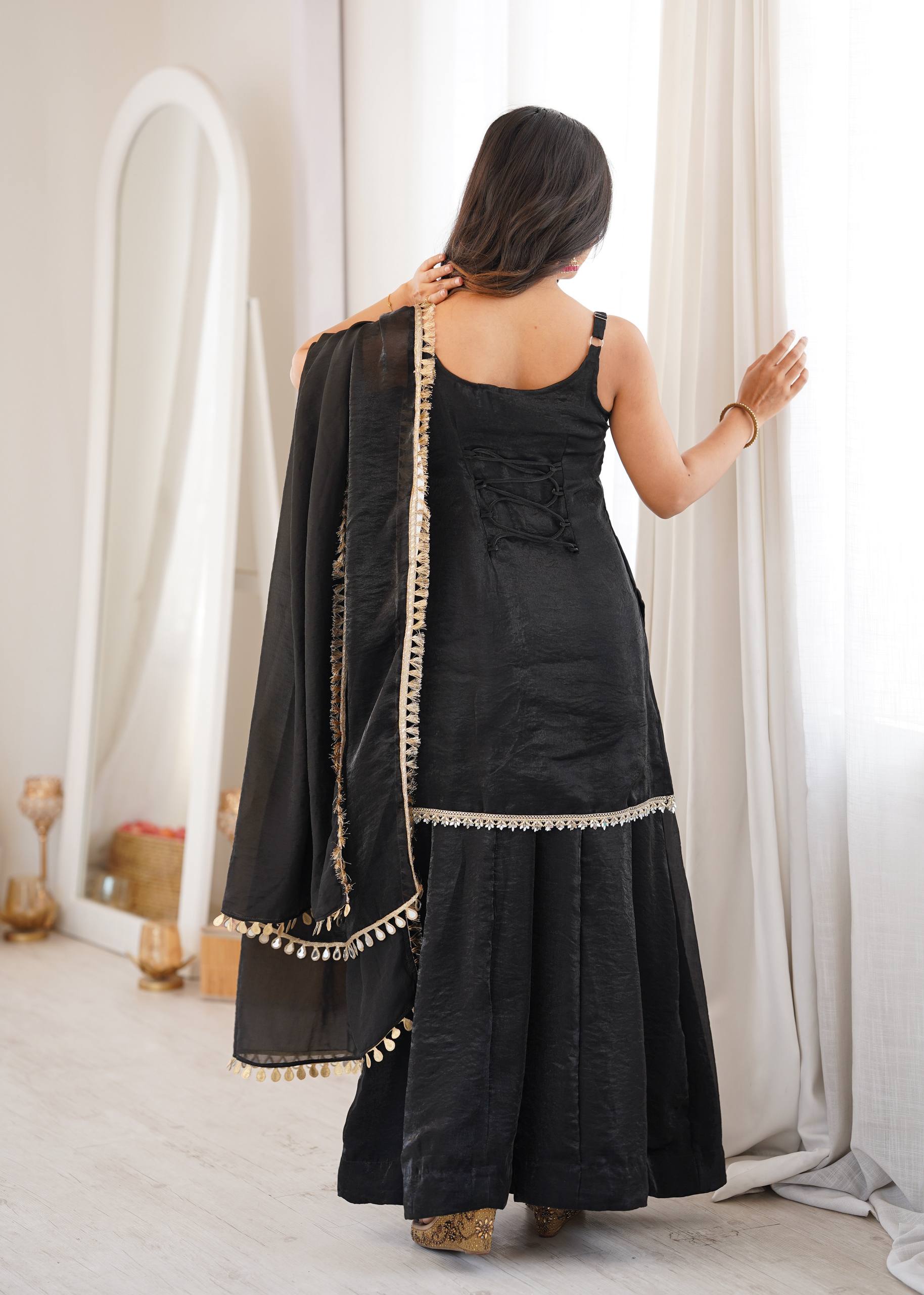 Classic Black Fendy Silk Sharara Suit Set with Mirror Work & Dupatta