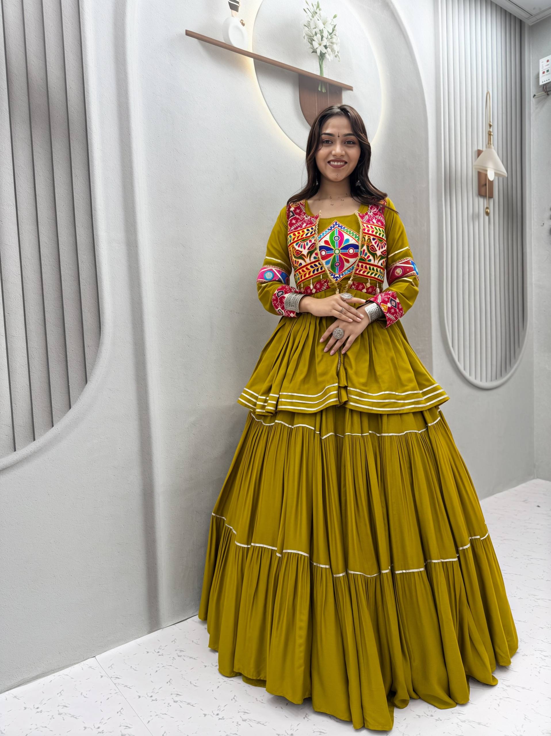 Olive Green Pure Cotton Gamthi Work Lehenga Choli with Koti