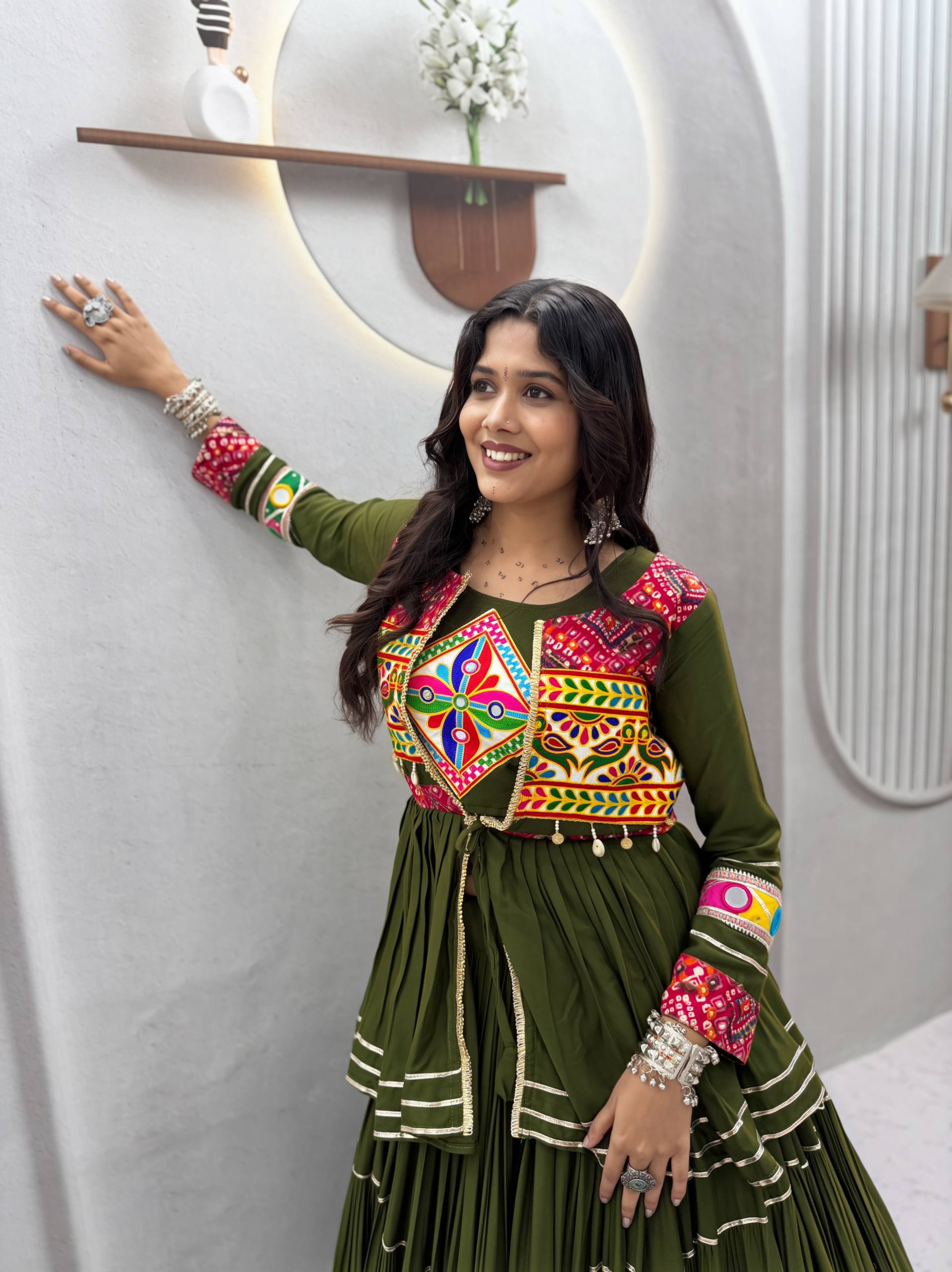 Olive Green Pure Cotton Gamthi Work Lehenga Choli with Koti