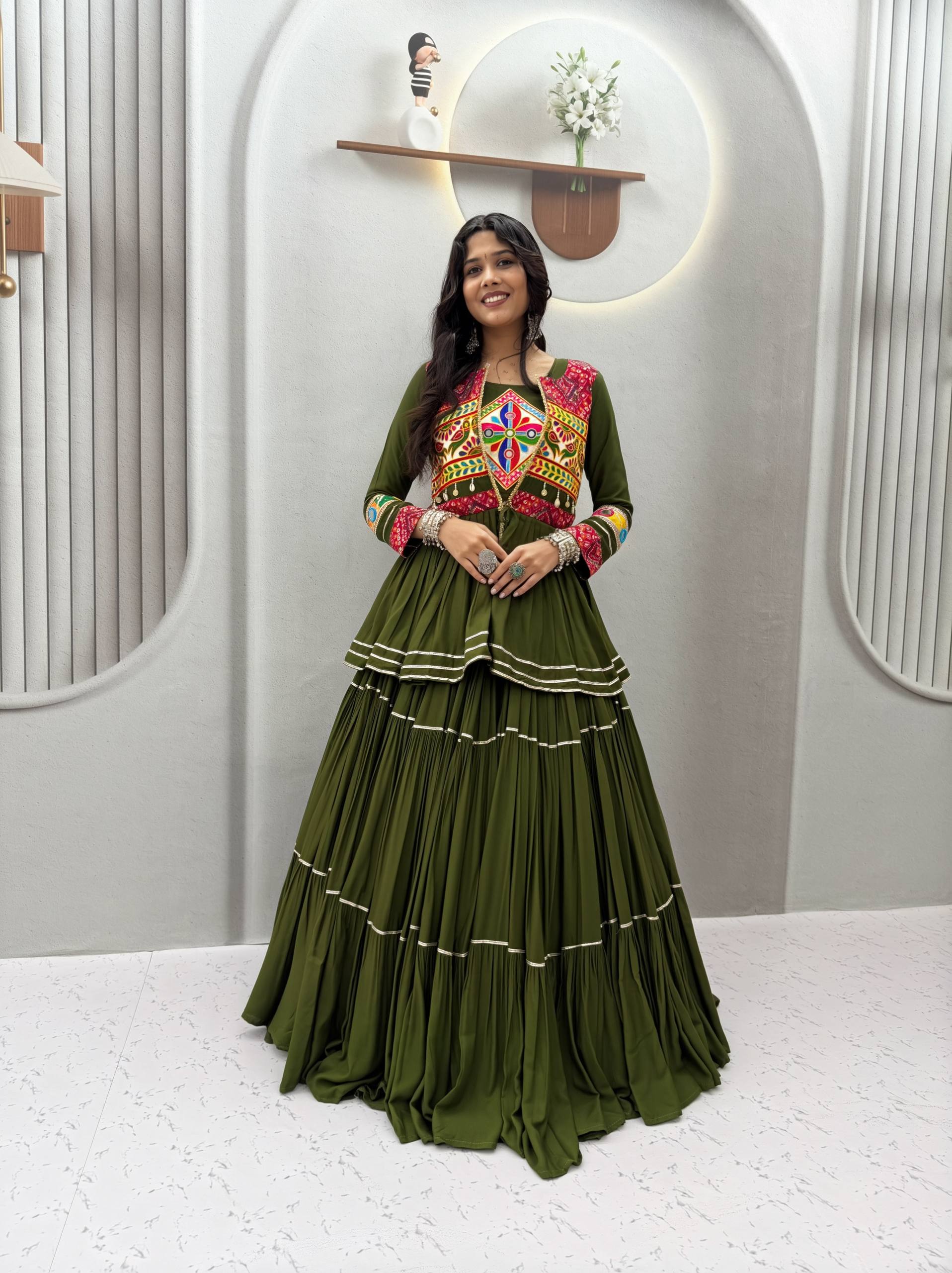 Olive Green Pure Cotton Gamthi Work Lehenga Choli with Koti
