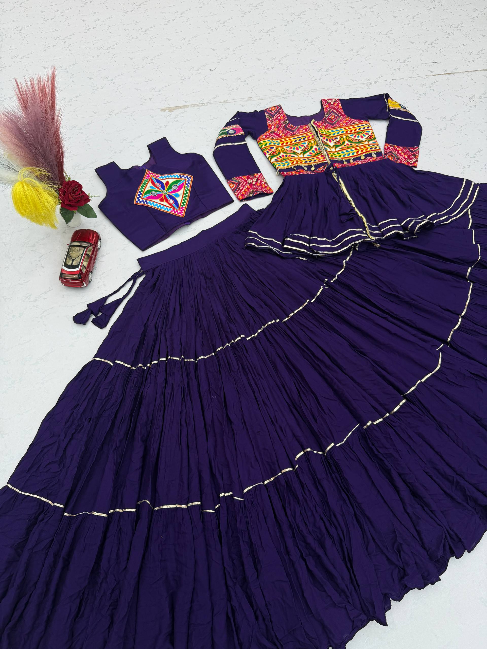 Royal Purple Pure Cotton Gamthi Work Lehenga Choli with Koti