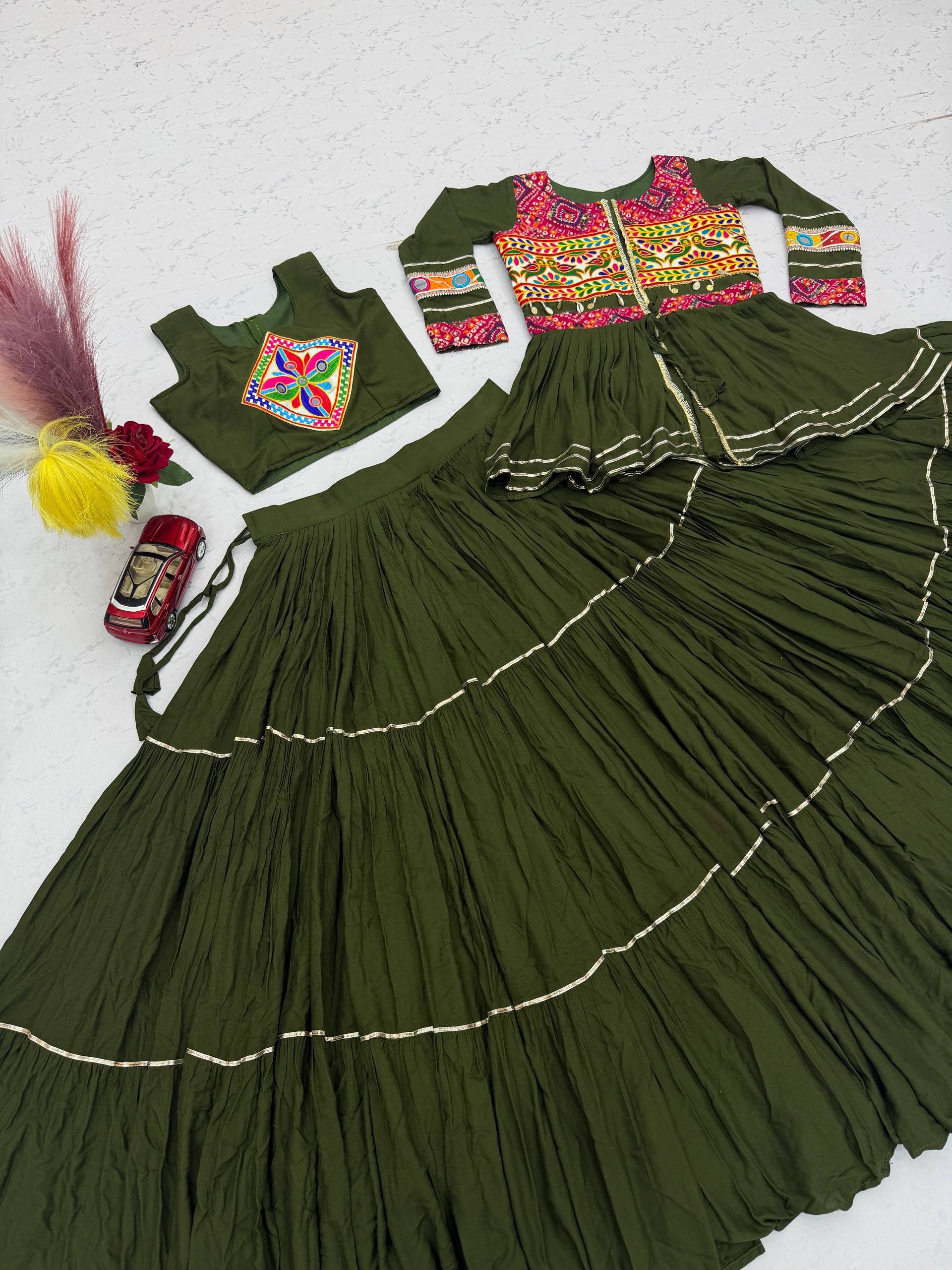 Olive Green Pure Cotton Gamthi Work Lehenga Choli with Koti