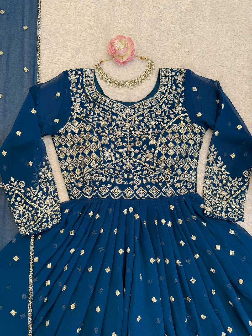 Navy Blue Designer Embroidered Anarkali Suit Set with Dupatta & Pant