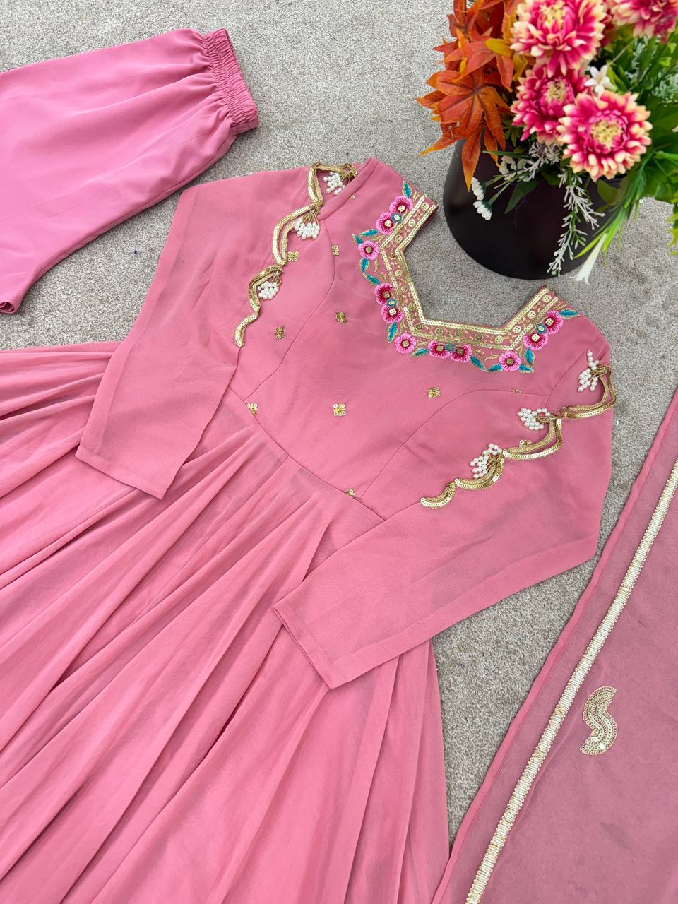 Blush Pink Faux Georgette Embroidered Flared Gown Suit Set with Dupatta