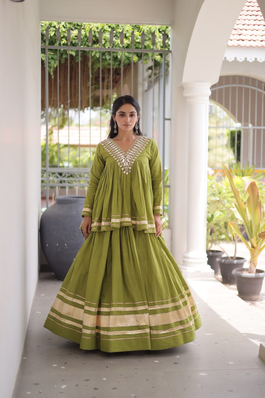 Olive Green Kora Cotton Navratri Lehenga Set with Mirror Work Blouse