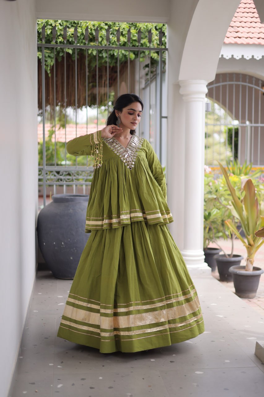 Olive Green Kora Cotton Navratri Lehenga Set with Mirror Work Blouse