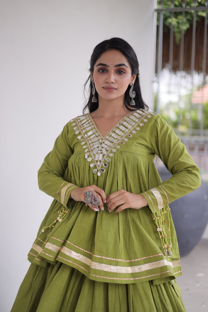Olive Green Kora Cotton Navratri Lehenga Set with Mirror Work Blouse