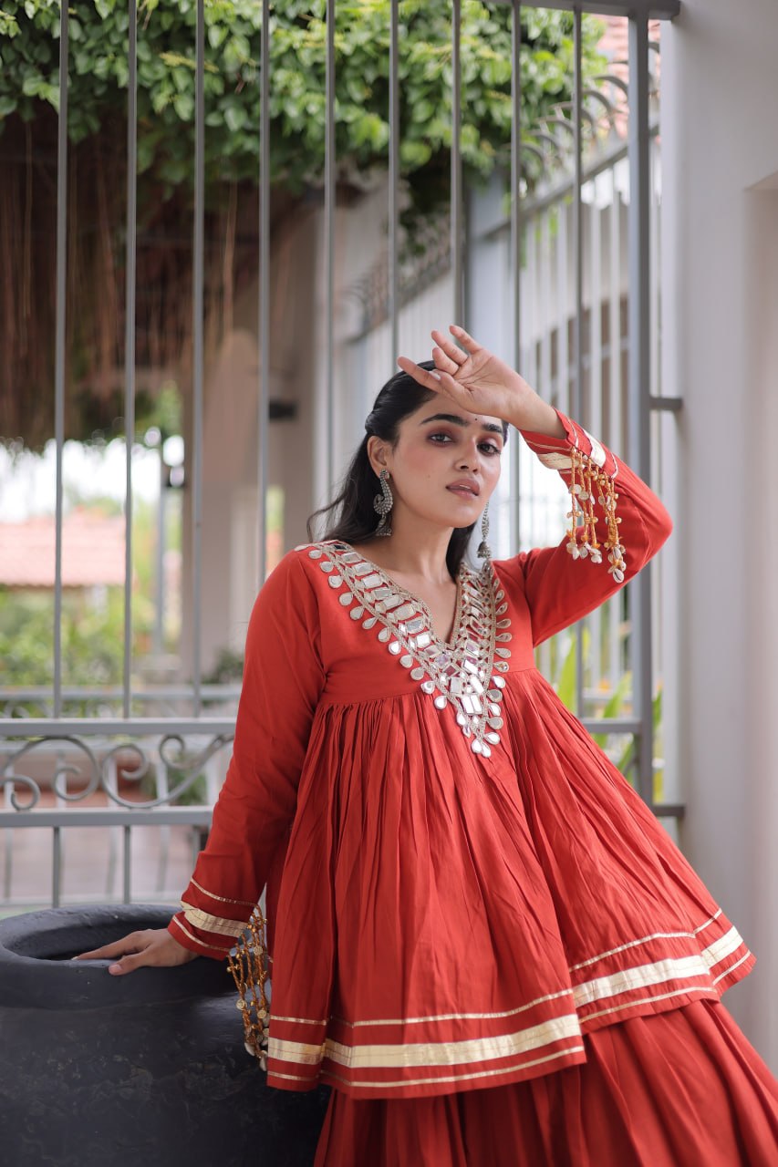 Rust Orange Kora Cotton Navratri Lehenga Set with Mirror Work Blouse