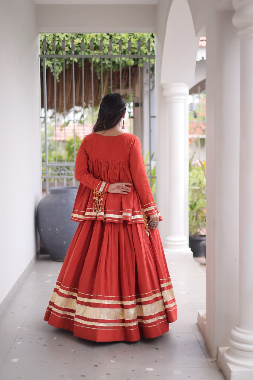 Rust Orange Kora Cotton Navratri Lehenga Set with Mirror Work Blouse
