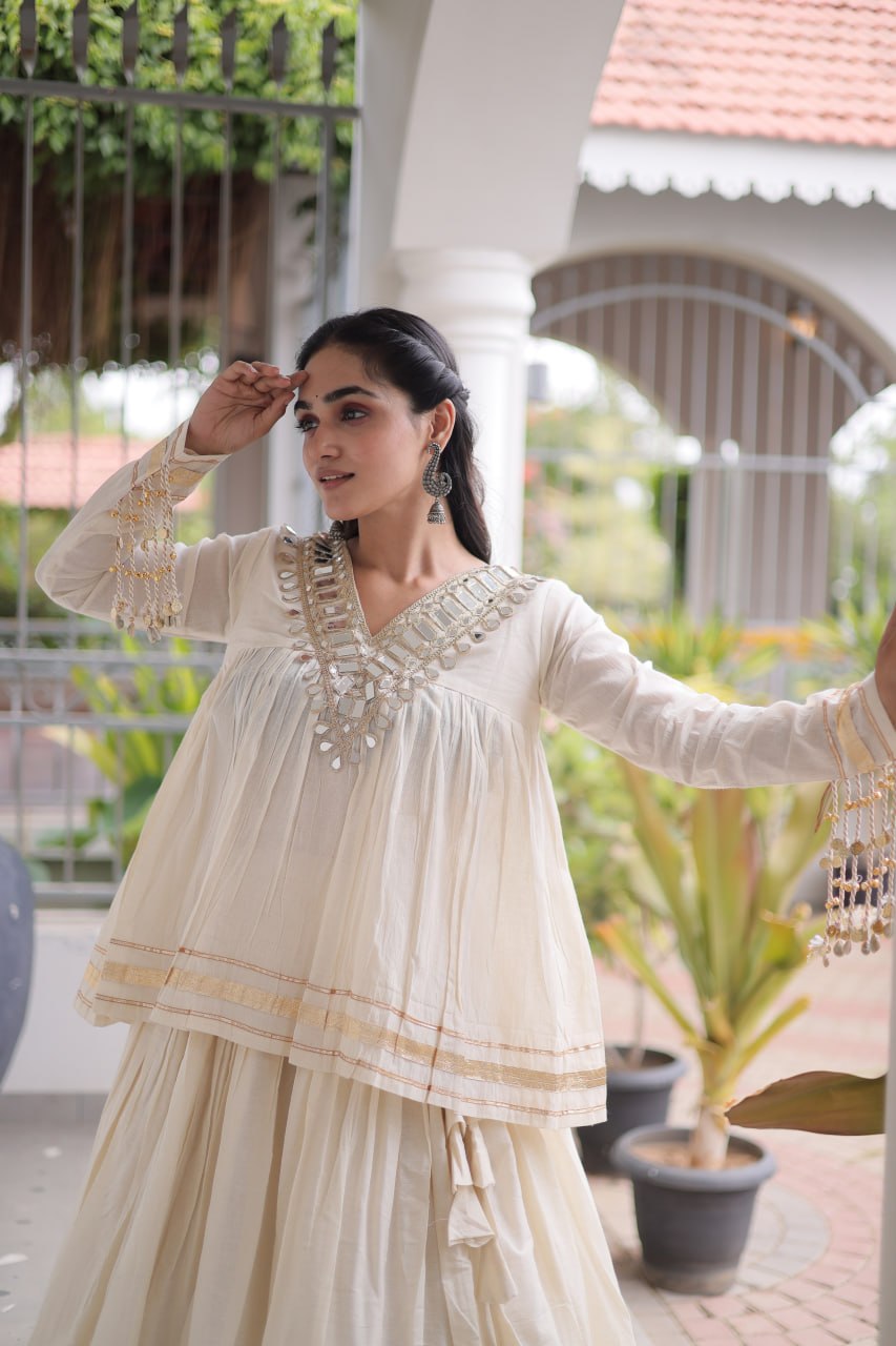Ivory White Kora Cotton Navratri Lehenga Set with Mirror Work Blouse